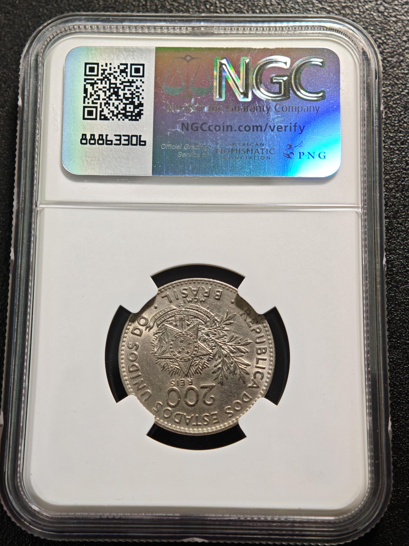 【德藏】世界币章拍卖第159期(元旦专场拍卖) 1901年 巴西200瑞斯镍币 NGC MS62 状态极佳