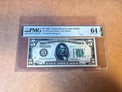 【Blue Auction】世界纸币精拍第769期——18级TOP拍卖/信誉/品质/专业/高效💫 - 【初版数字区号】美国 1928年5美金 PMG64EPQ 少见达拉斯版
