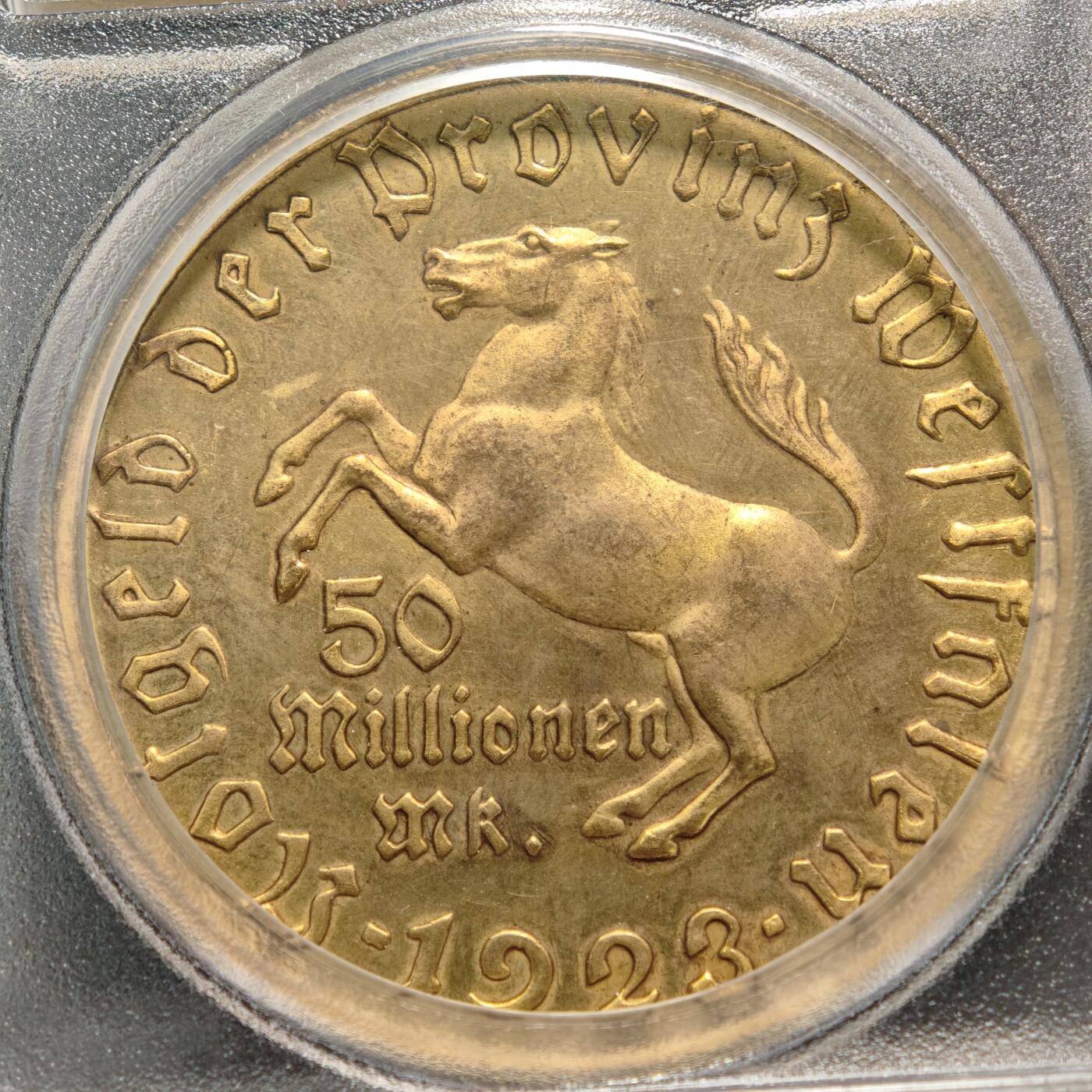 【德藏】世界币章拍卖第159期(元旦专场拍卖) 1923年 德国紧急时期威斯特法伦5000万镀金马克铜币大马币 PCGS MS65 金水十足