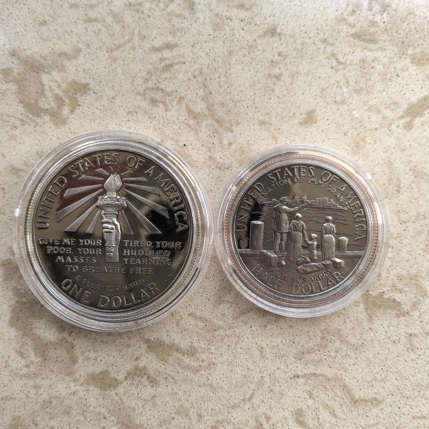 道一币馆币章第一百六十场 原盒证 美国1986年自由女神像落成200周年精制纪念套币两枚 1元银币+50分镍币