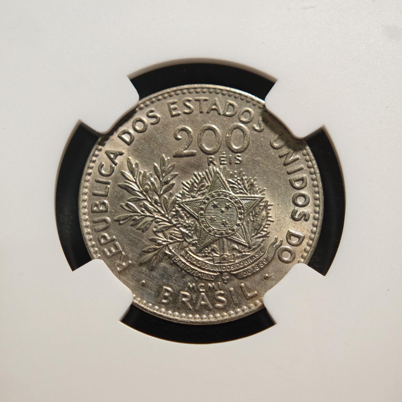 【德藏】世界币章拍卖第159期(元旦专场拍卖) 1901年 巴西200瑞斯镍币 NGC MS62 状态极佳