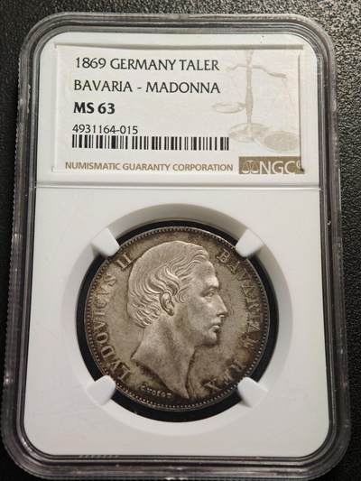 【德藏】世界币章拍卖第159期(元旦专场拍卖) - 1869年 德国巴伐利亚路德维希二世圣母抱婴泰勒银币 NGC MS63 深环彩包浆