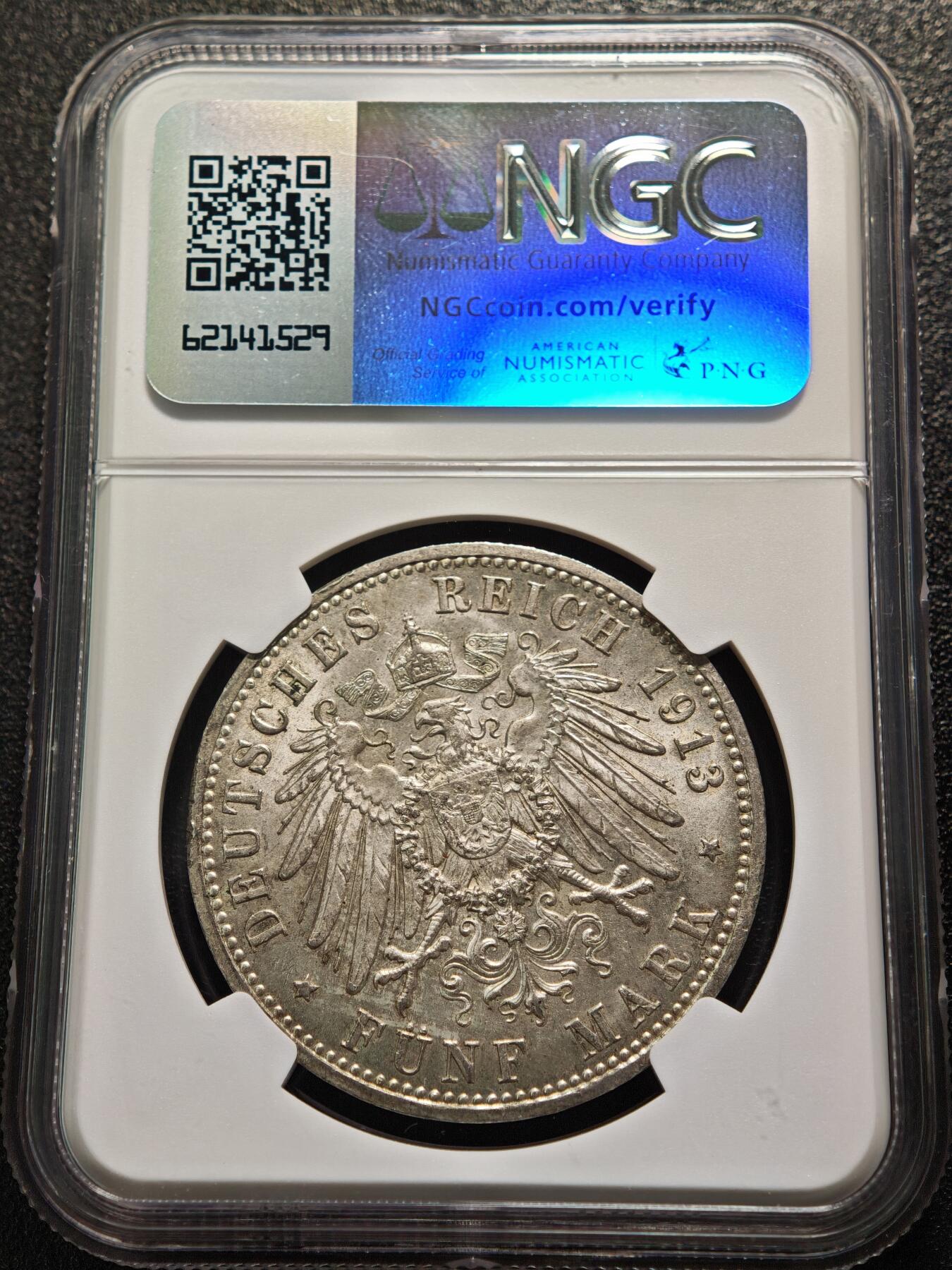 【德藏】世界币章拍卖第159期(元旦专场拍卖) 1913年 德国普鲁士威廉二世军装5马克大银币 NGC MS64 淡包浆 原光十足