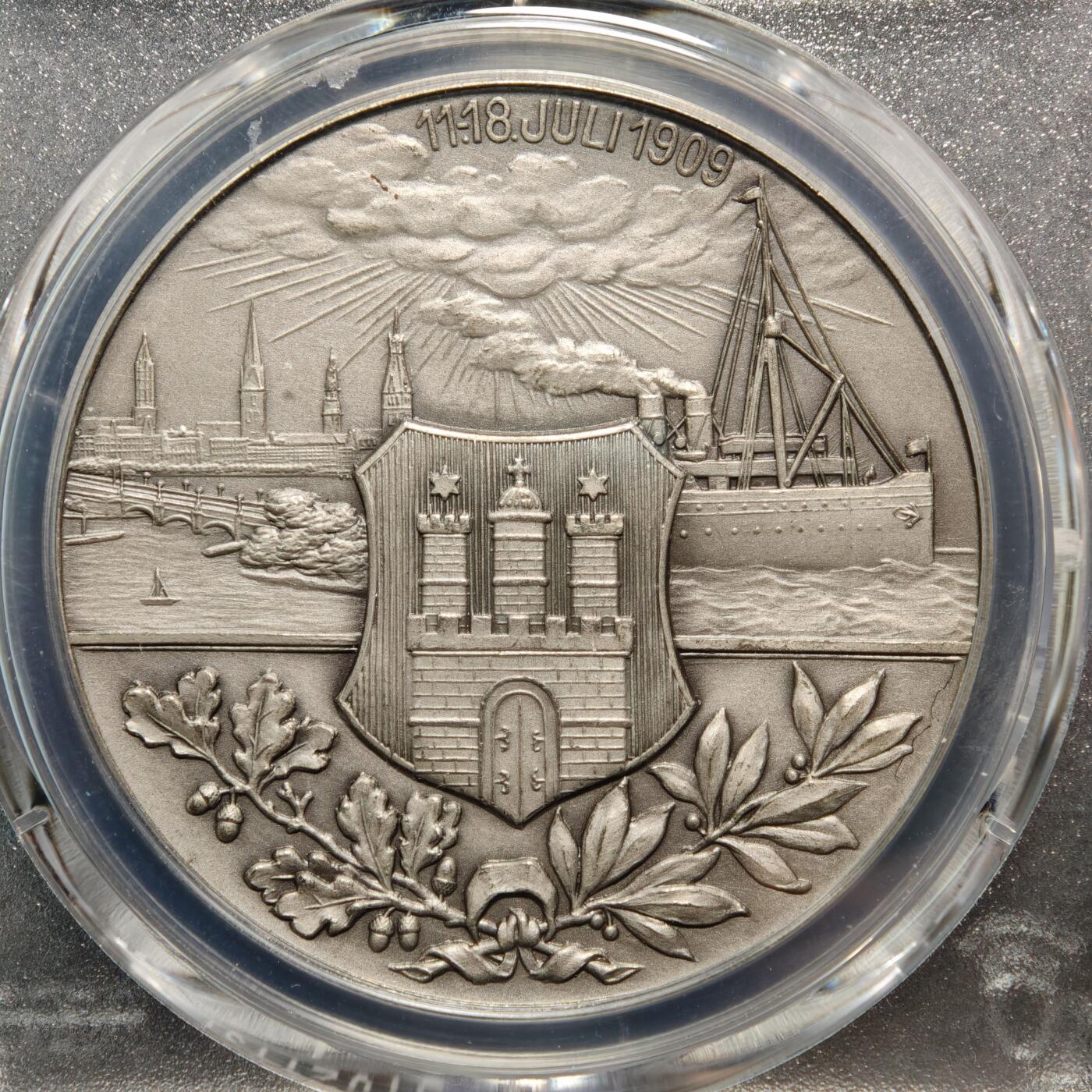 【德藏】世界币章拍卖第159期(元旦专场拍卖) 1909年 德国汉堡射击节纪念银章 PCGS MS64  细节极其丰富