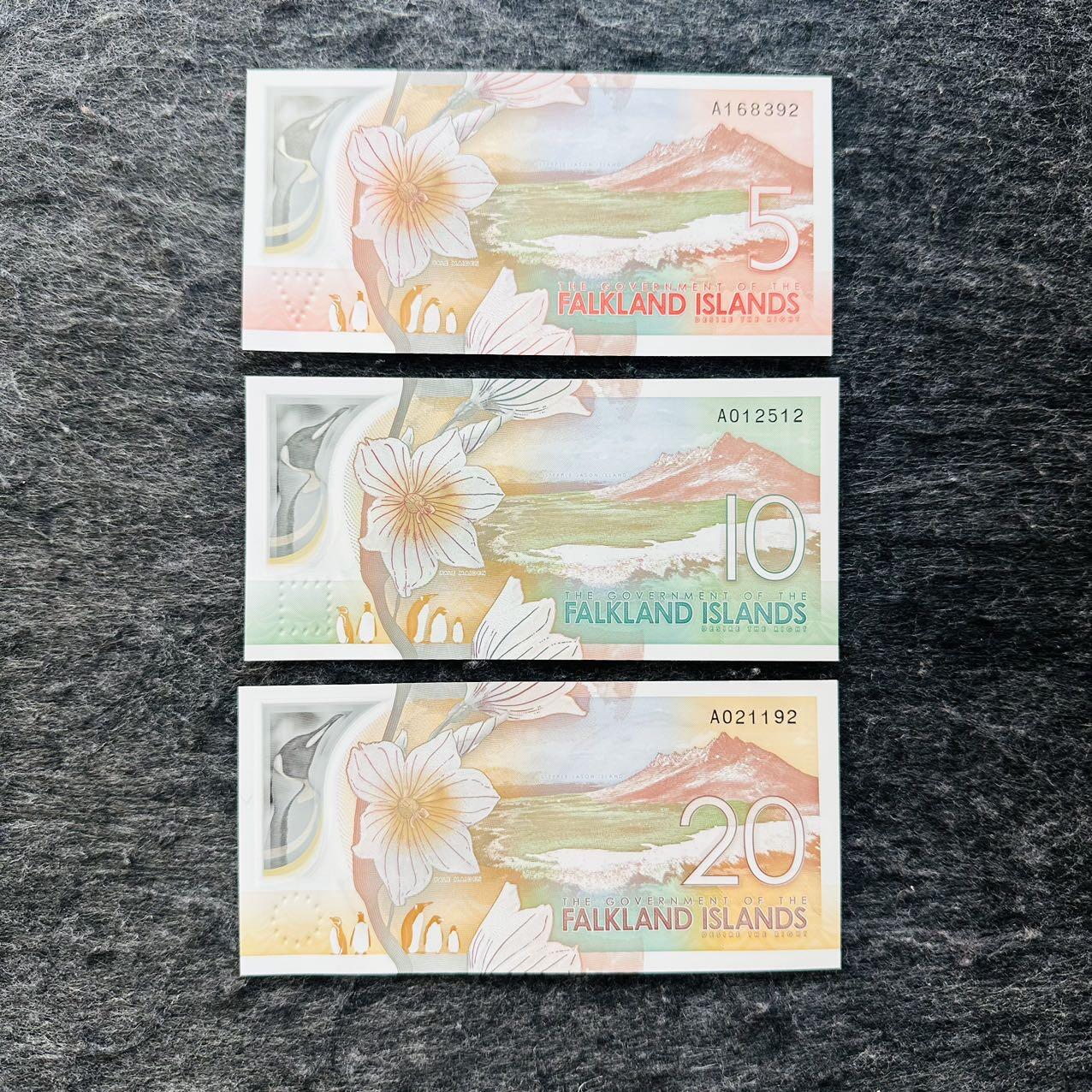 🇫🇯🇫🇰2530￥￥福克兰群岛2025年和斐济2026年全套Polymer塑料钞 392-512-192 尾2