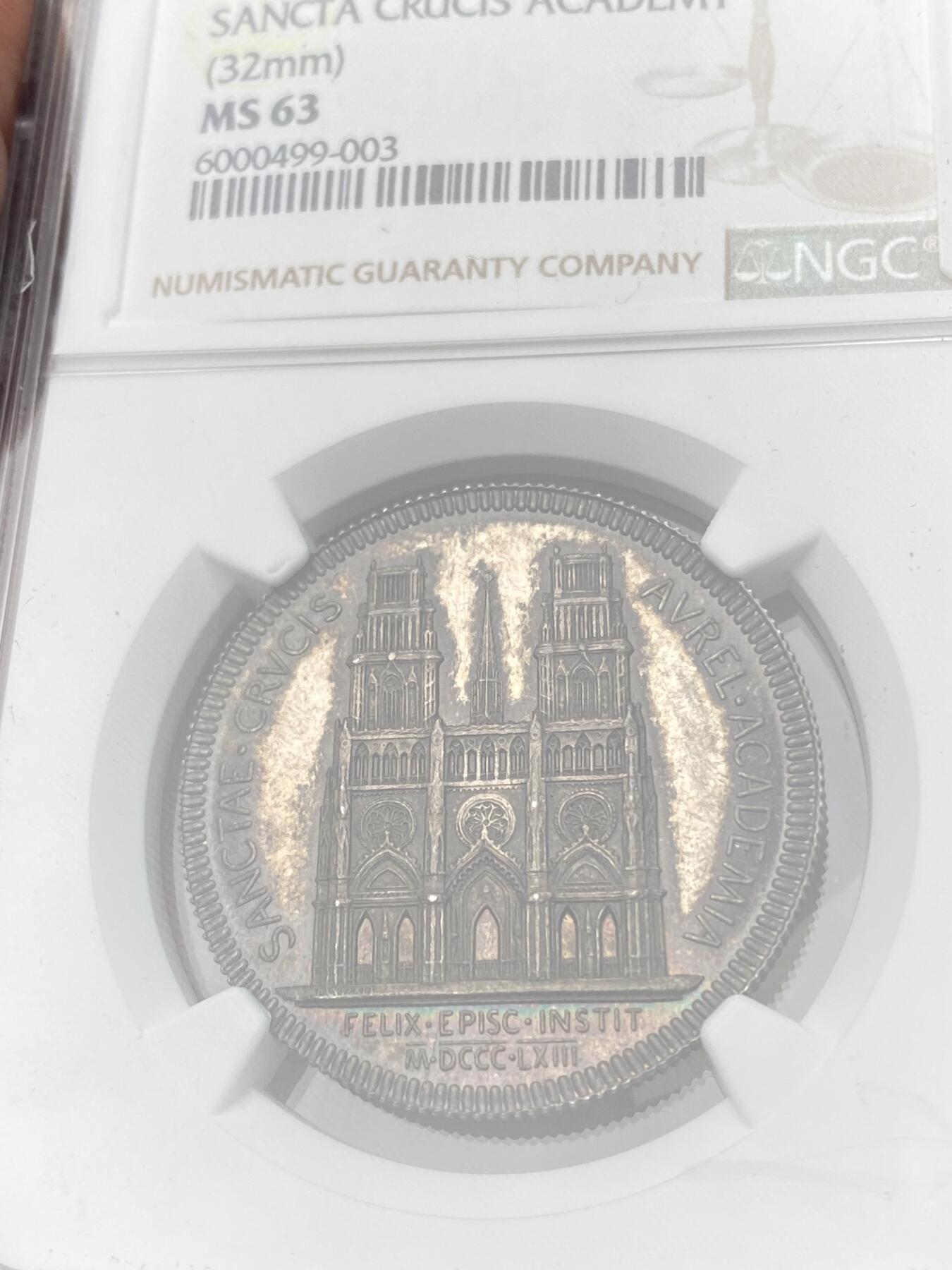 万国钱币拍卖第058期（万国新年大拍） NGC MS63 1863年法国卢瓦尔省奥尔良圣十字学院纪念银章 32MM 13.2G 罕见小中见大的顶级雕刻 细节非常出众镜面金彩