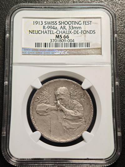 【德藏】世界币章拍卖第159期(元旦专场拍卖) - 1913年 瑞士纳沙泰尔射击节银章 NGC MS66 磨砂质感 少见品种 状态极佳