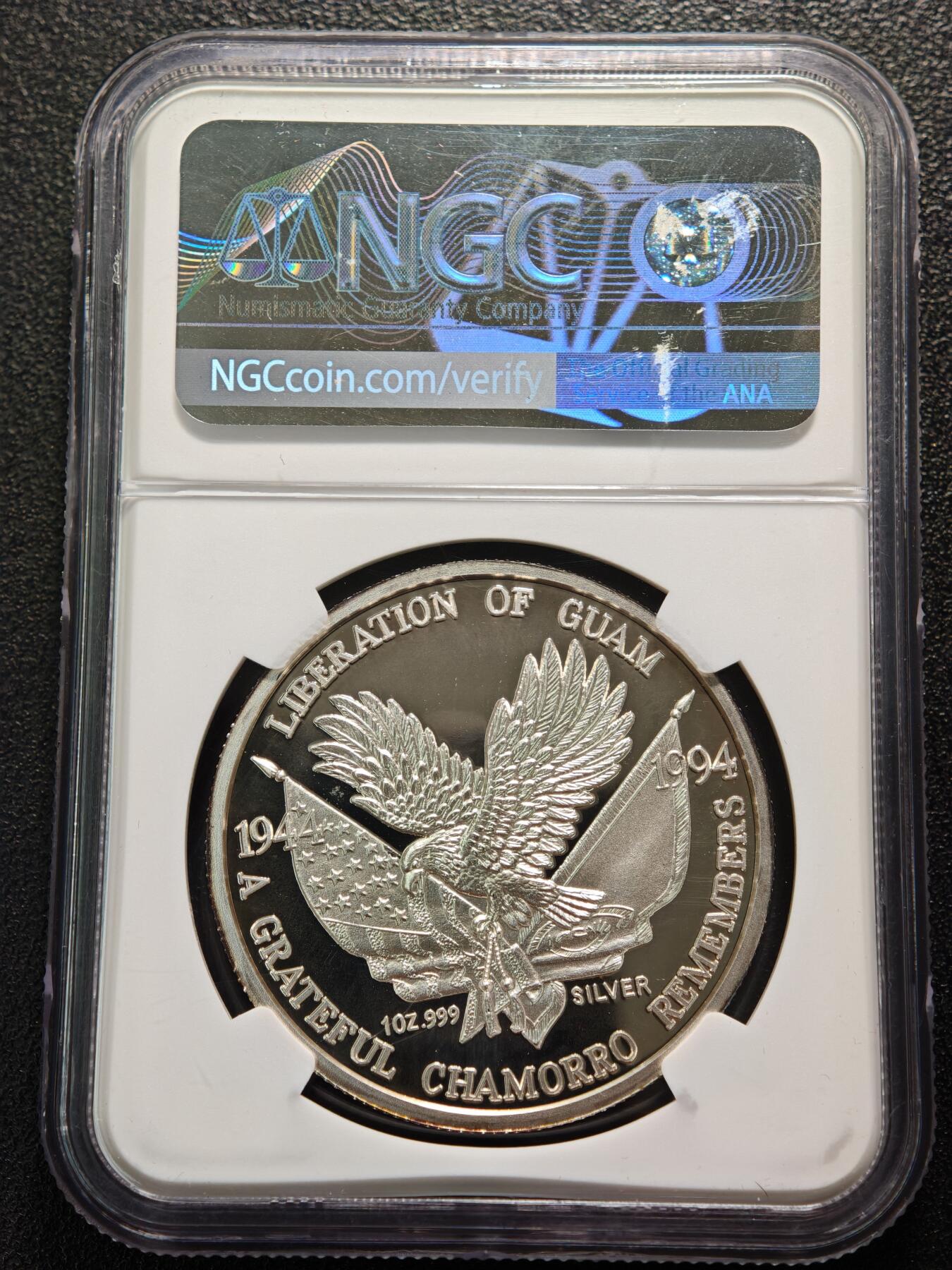 【德藏】世界币章拍卖第159期(元旦专场拍卖) 1994年 美国关岛解放50周年纪念精制铜章及银章 NGC PF69UC 原盒 原证书