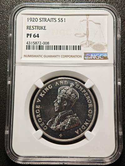 【德藏】世界币章拍卖第159期(元旦专场拍卖) - 1920年 英属海峡乔治5世1美元精制银币 后铸 NGC PF64 镜面十足