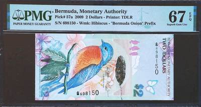 世界靓号纸钞第七十九期 - 2009年百慕大2元 稀少首发洋葱冠 全程无347 PMG67 2009年IBNS世界最佳纸币