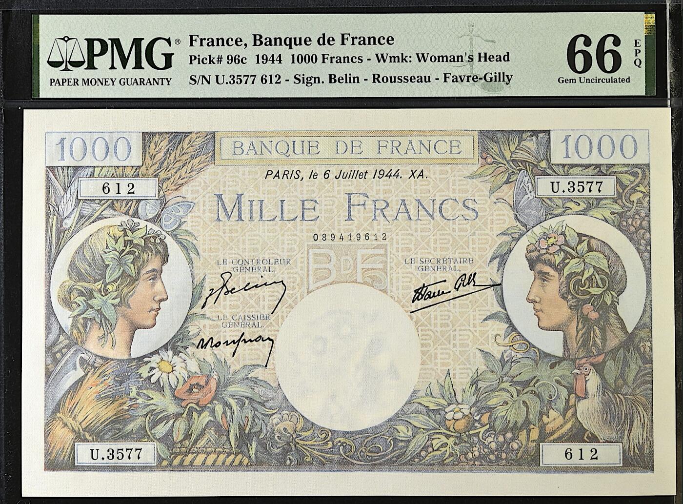 《艾美收藏》第226期-12.28周日外币精品场-蛇年收官 法国1000法郎 PMG66E 1944年老版本大票幅