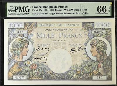 《艾美收藏》第226期-12.28周日外币精品场-蛇年收官 - 法国1000法郎 PMG66E 1944年老版本大票幅