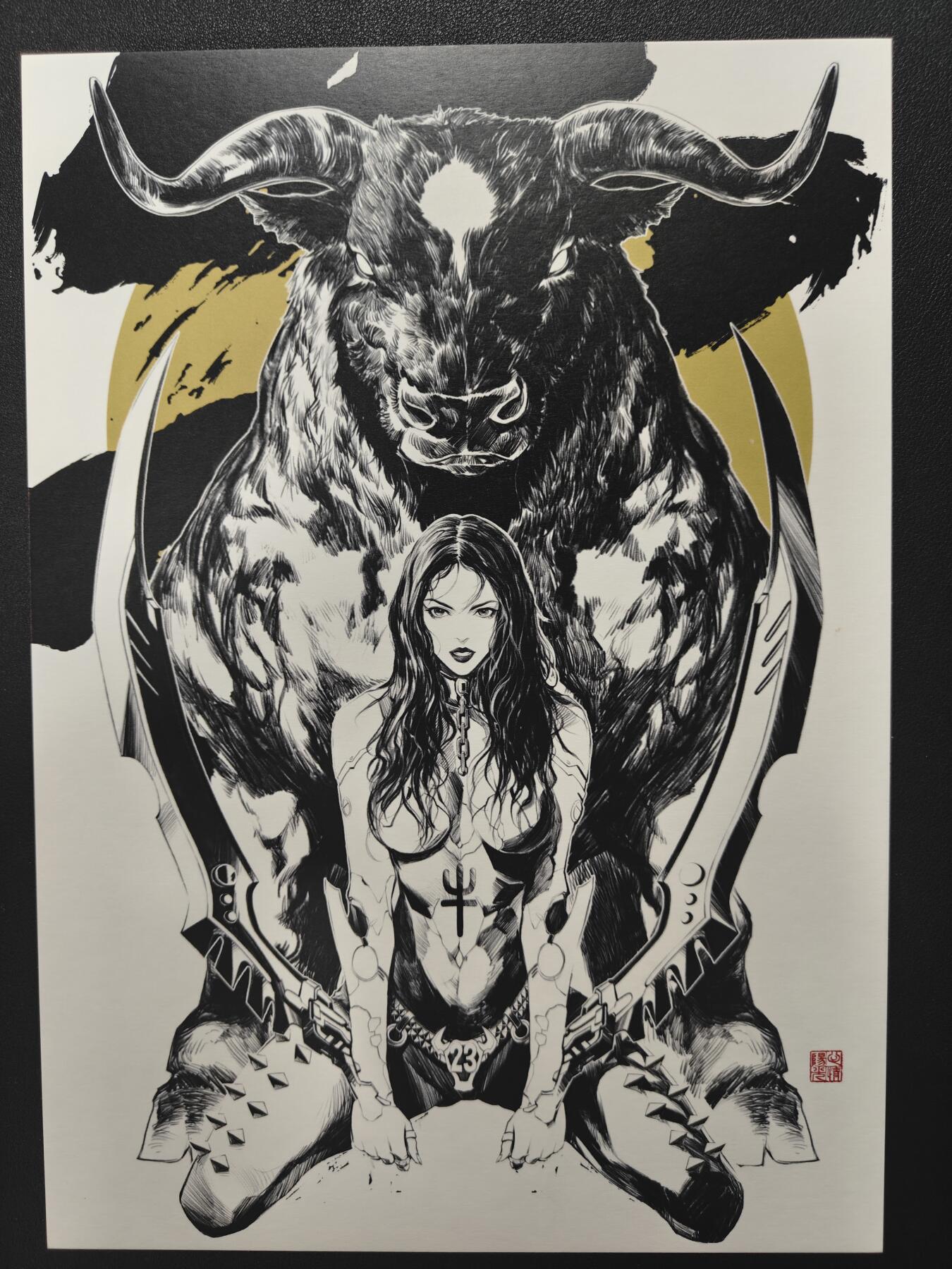 天玑星卡拍第155期《12.29年终场周一截拍》持续收拍收评中 满赠卡需备注 【签绘复制画】田宇 十二生肖 机甲美人 牛 A4复制画