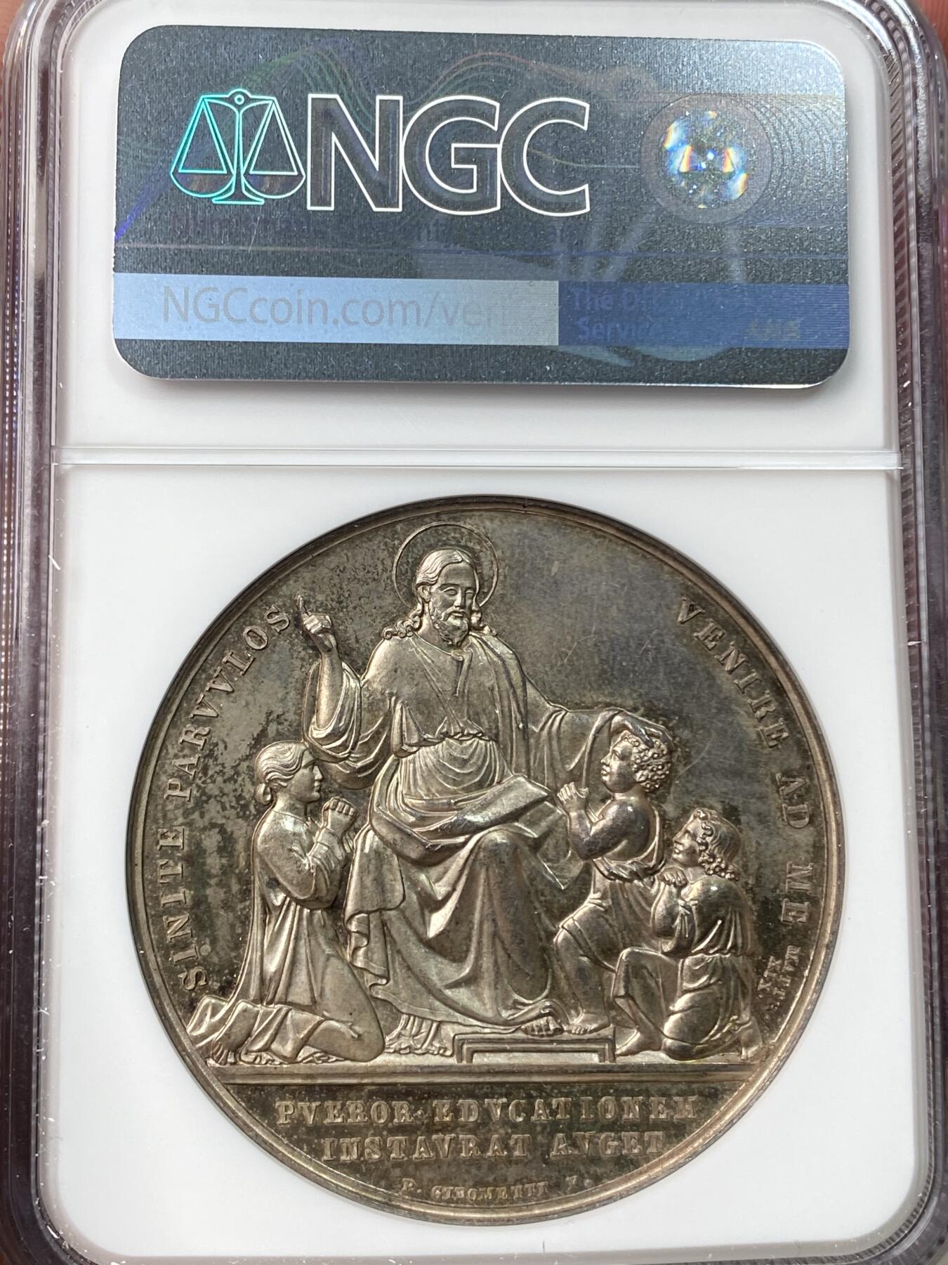 万国钱币拍卖第058期（万国新年大拍） NGC MS63 1854年梵蒂冈教皇国庇护九世纪念在罗马设立教宗幼稚园纪念大银章 高浮雕晚霞彩极美 耶稣和蔼的为小孩童送上祝福 