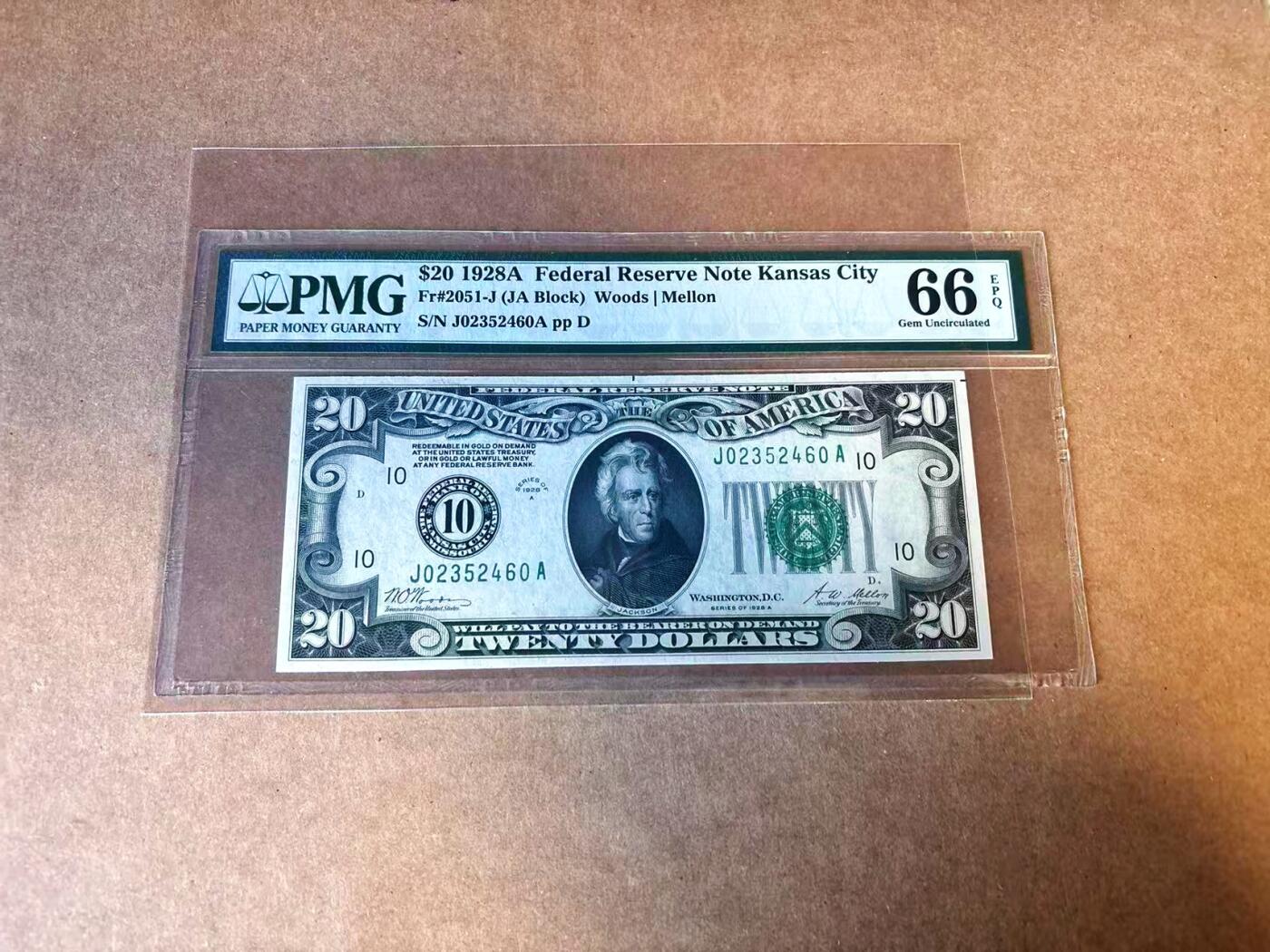 【Blue Auction】世界纸币精拍第769期——18级TOP拍卖/信誉/品质/专业/高效💫 【初版数字区号】美国 1928A 20美金 PMG66EPQ 少见堪萨斯版