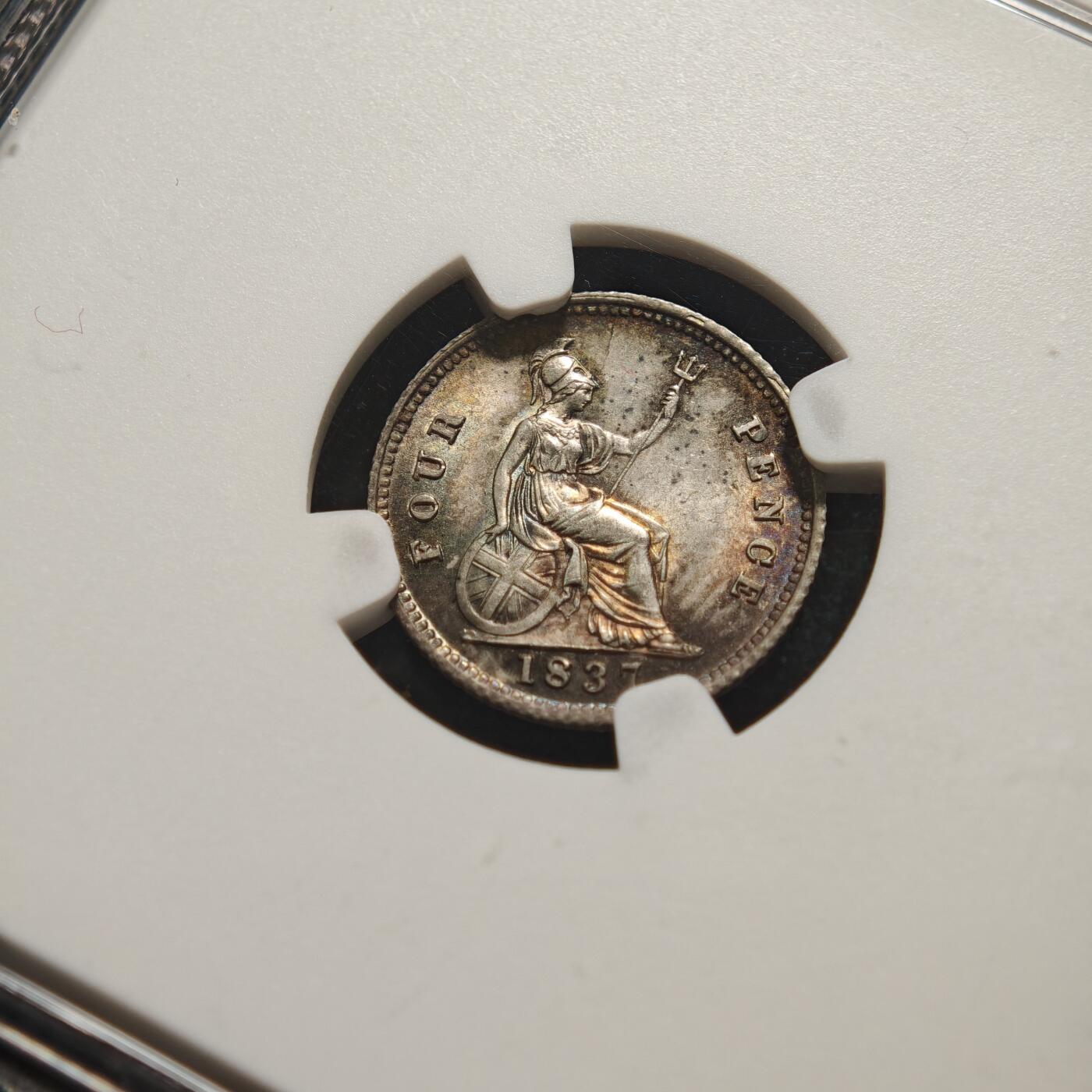 【德藏】世界币章拍卖第159期(元旦专场拍卖) 1837年 英国威廉四世4便士银币 NGC MS63 环彩包浆 图案立体感强