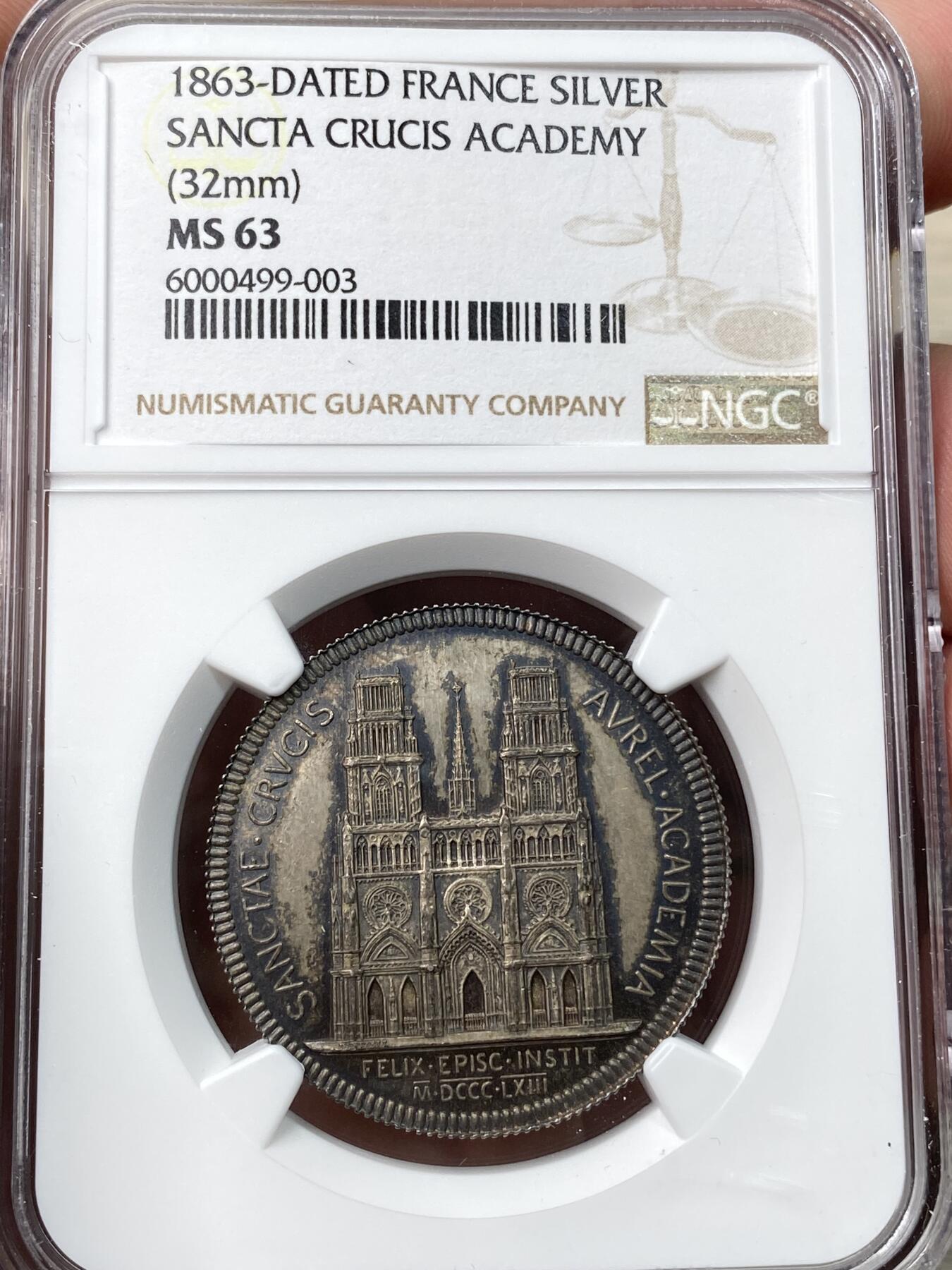 万国钱币拍卖第058期（万国新年大拍） NGC MS63 1863年法国卢瓦尔省奥尔良圣十字学院纪念银章 32MM 13.2G 罕见小中见大的顶级雕刻 细节非常出众镜面金彩