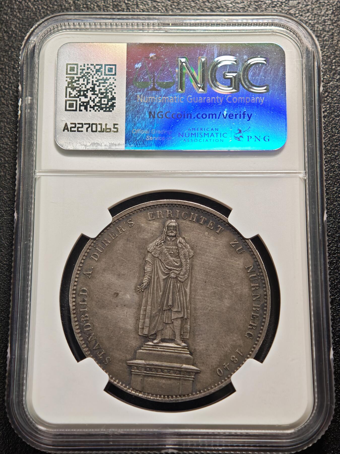 【德藏】世界币章拍卖第159期(元旦专场拍卖) 1840年 德国巴伐利亚路德维希一世丢勒雕像在纽伦堡落成2泰勒纪念大银币 NGC UNC 状态安逸