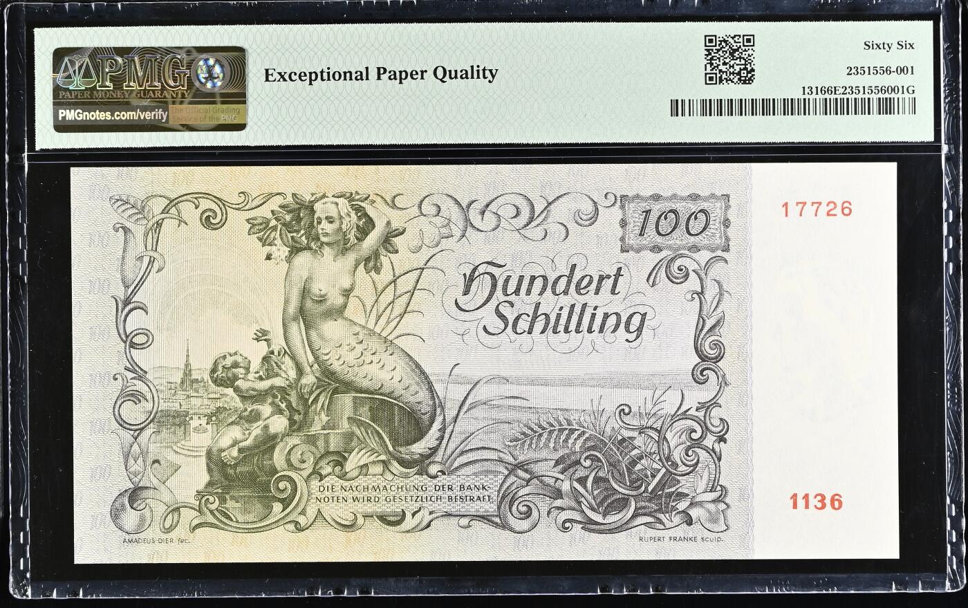 🐍甜小邱世界纸币收藏🐍第138期精品场💐 PMG66 奥地利 100先令 美人鱼，经典品种，该分数非常罕见 1949