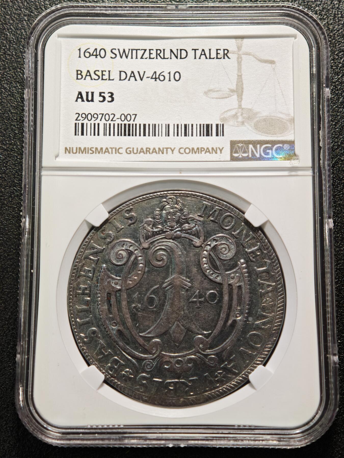 【德藏】世界币章拍卖第159期(元旦专场拍卖) 1640年 瑞士巴塞尔西里西亚布雷斯劳泰勒大银币 NGC AU53 深彩包浆 西里西亚布雷斯劳市，西里西亚是神圣罗马帝国的重要邦领，布雷斯劳是其核心城市；1640年正值三十年战争（1618-1648） 末期，欧洲局势动荡，该银币是战时西里西亚的流通与储藏货币