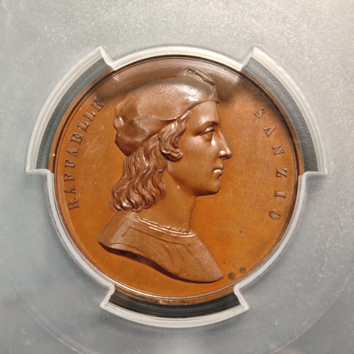 【德藏】世界币章拍卖第159期(元旦专场拍卖) 1848年 英国曼彻斯特设计学院铜奖章，直径50毫米，发行量260枚，PCGS UNC 正面是文艺复兴三杰之一的拉斐尔头戴帽、留长发的右侧面半身像，背面是三位古典人物雕像-天使和女神的形象。雕刻精美，是雕刻大师威廉·怀恩（W.Wyon.R.A）的精心之作，超高浮雕，特别精制版，巧克力包浆，醇厚光泽，稀有品种
