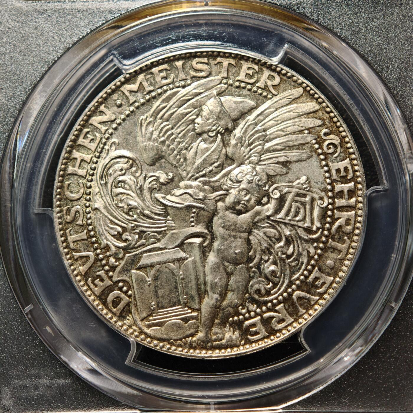 【德藏】世界币章拍卖第159期(元旦专场拍卖) 1928年 德国艺术大师丢勒天使纪念银章 名家卡尔歌茨作品 PCGS SP65 淡黄油包浆 经典品种