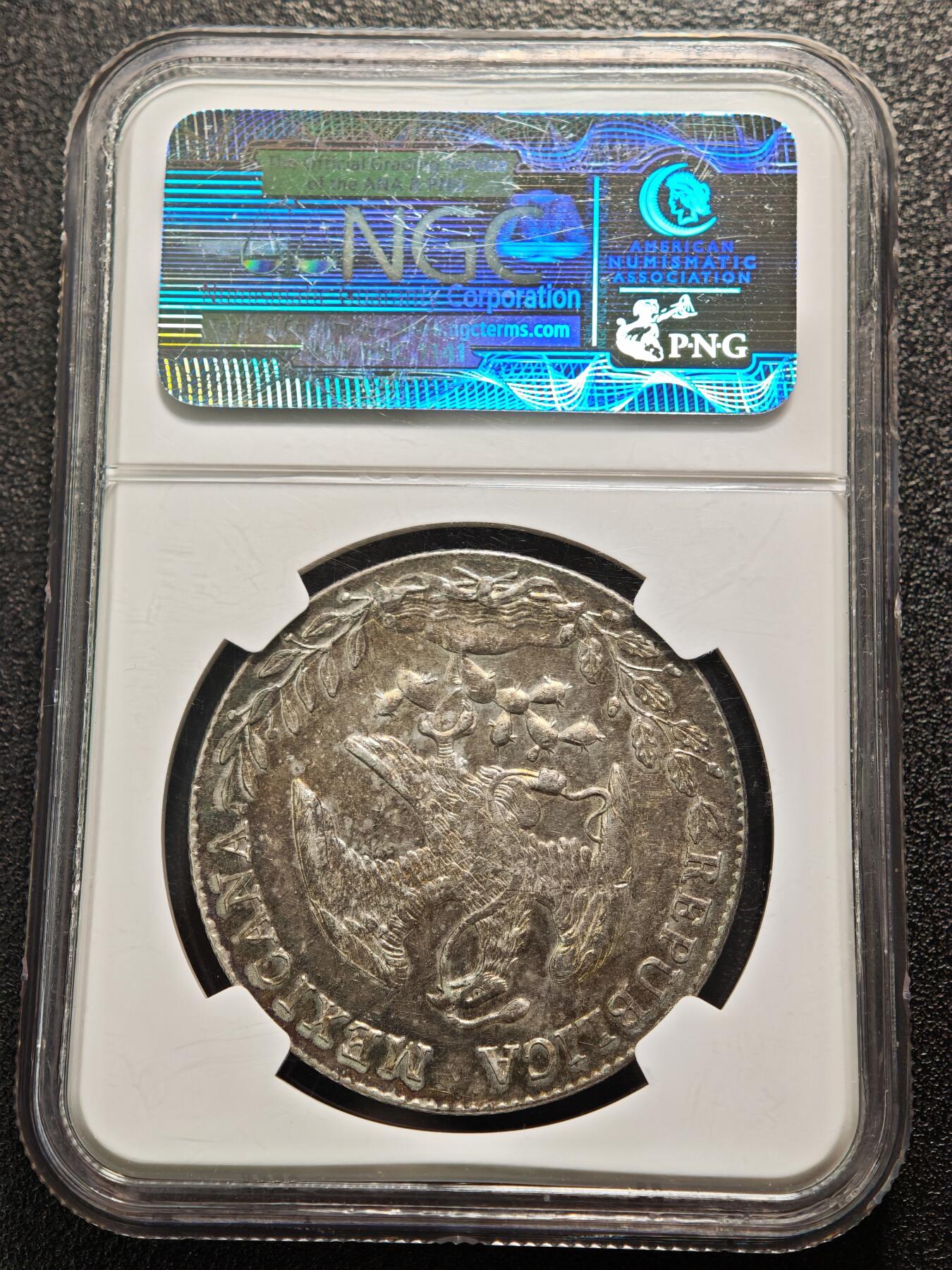 【德藏】世界币章拍卖第159期(元旦专场拍卖) 1896年 墨西哥花边鹰洋8瑞尔银币 NGC MS61 深彩包浆