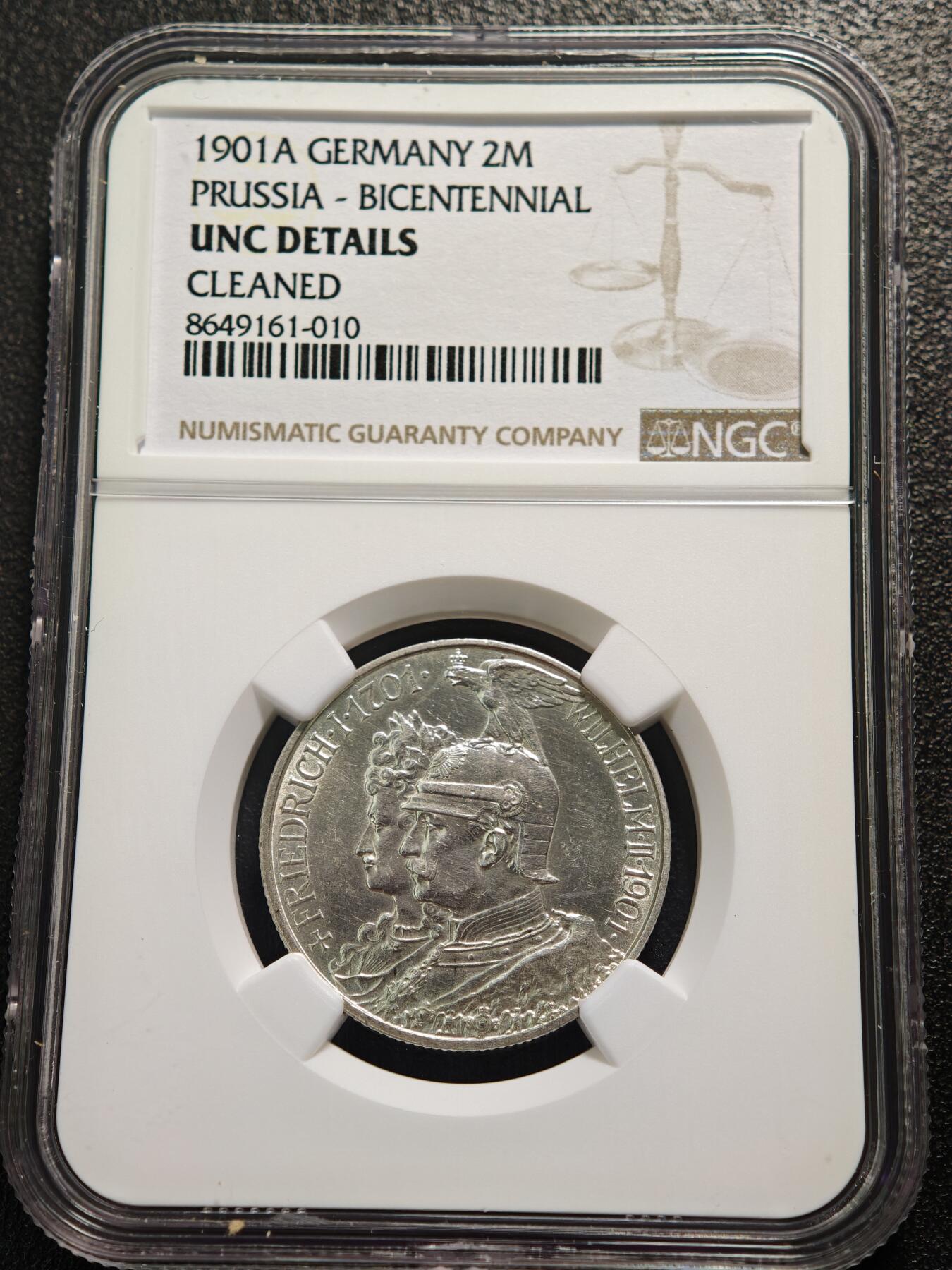 【德藏】世界币章拍卖第159期(元旦专场拍卖) 1901年 德国普鲁士建国200周年2马克银币 NGC UNC 未流通状态