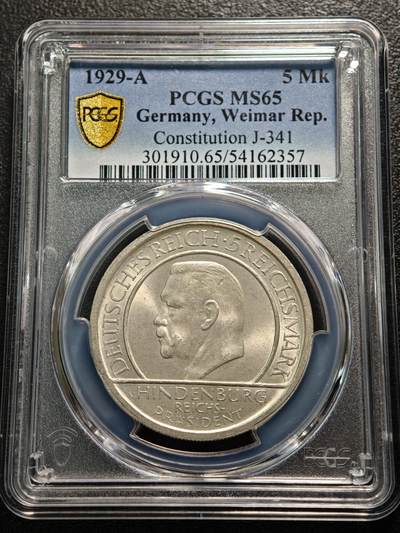 【德藏】世界币章拍卖第159期(元旦专场拍卖) - 1929年 德国魏玛宪法颁布10周年5马克银币也被称作"誓言马克" PCGS MS65 原光十足 转光犀利 这枚银币发行于1929年8月11日，纪念1919年《魏玛宪法》颁布10周年，该宪法是德国历史上第一部民主宪法，奠定了魏玛共和国的政治框架