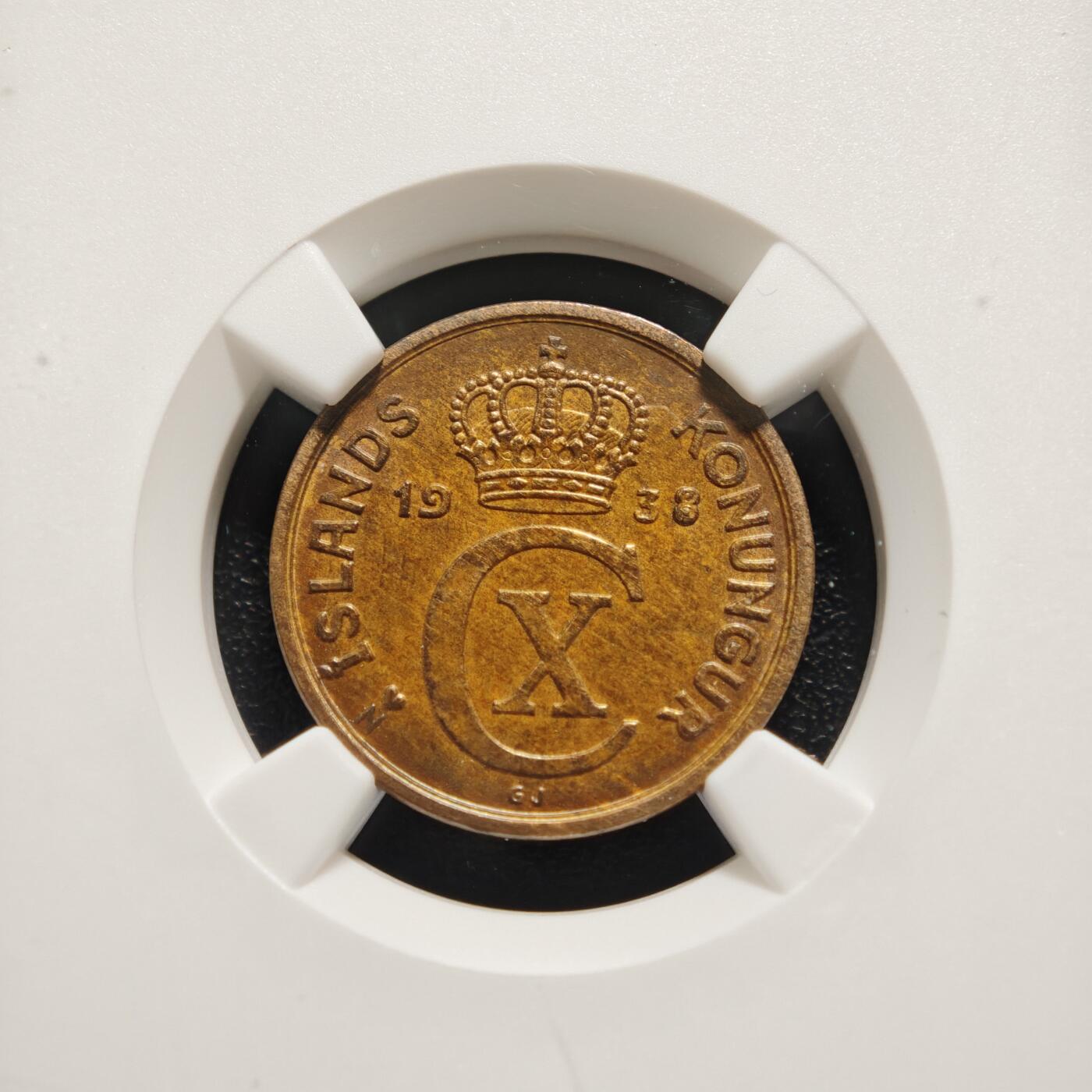 【德藏】世界币章拍卖第159期(元旦专场拍卖) 1938年 冰岛2奥拉铜币 NGC MS63BN 状态极佳