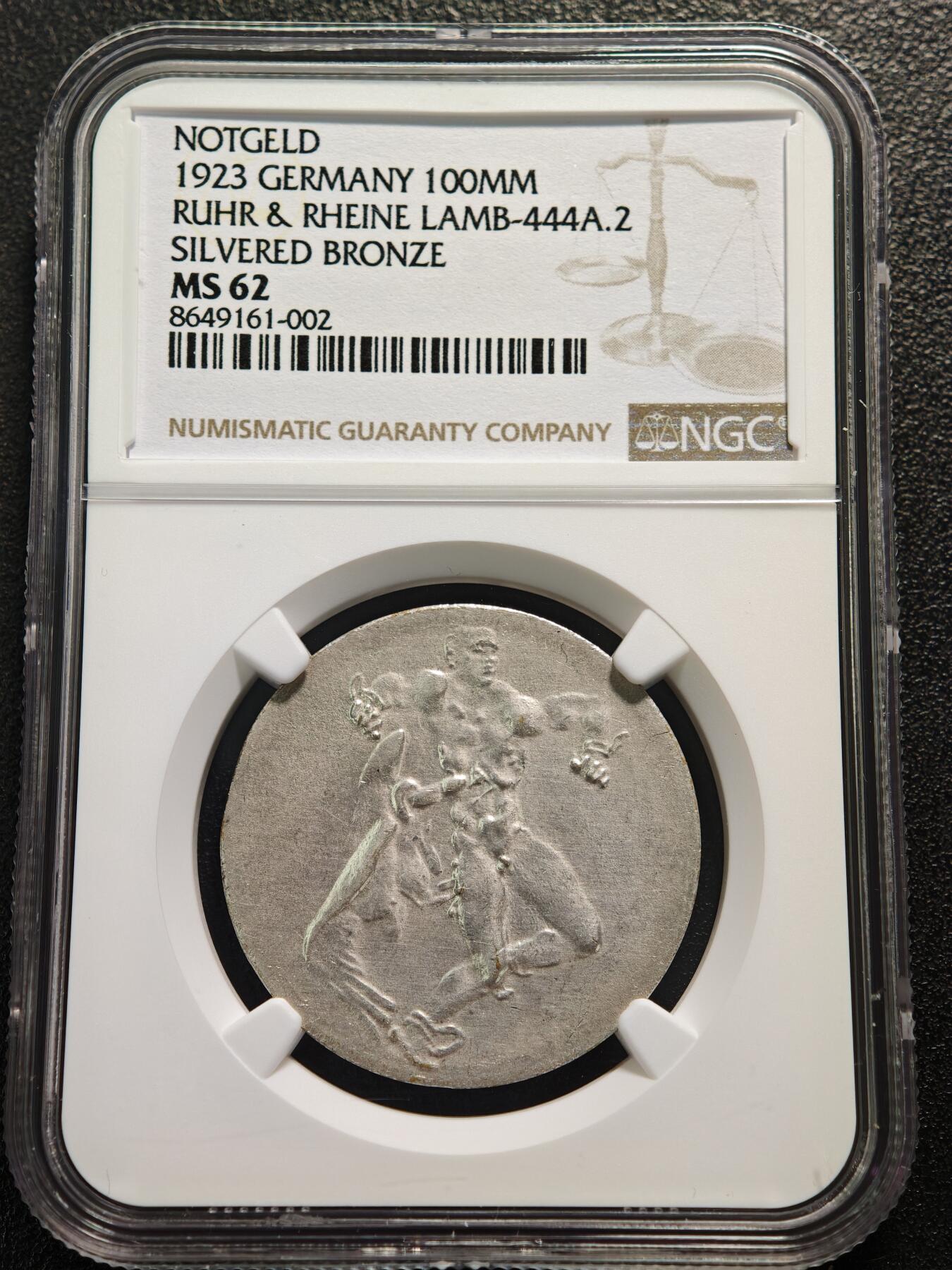 【德藏】世界币章拍卖第159期(元旦专场拍卖) 1923年 德国德紧时期鲁尔与莱茵地区1亿马克镀银铜币 名家卡尔歌茨作品 NGC MS62 品相极佳