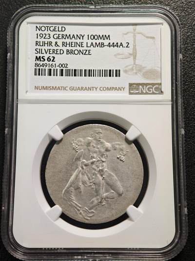 【德藏】世界币章拍卖第159期(元旦专场拍卖) - 1923年 德国德紧时期鲁尔与莱茵地区1亿马克镀银铜币 名家卡尔歌茨作品 NGC MS62 品相极佳