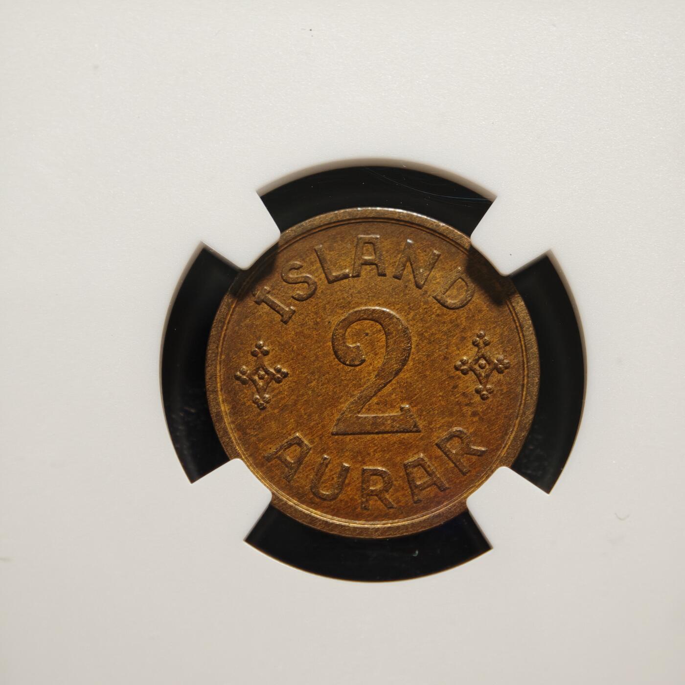 【德藏】世界币章拍卖第159期(元旦专场拍卖) 1938年 冰岛2奥拉铜币 NGC MS63BN 状态极佳