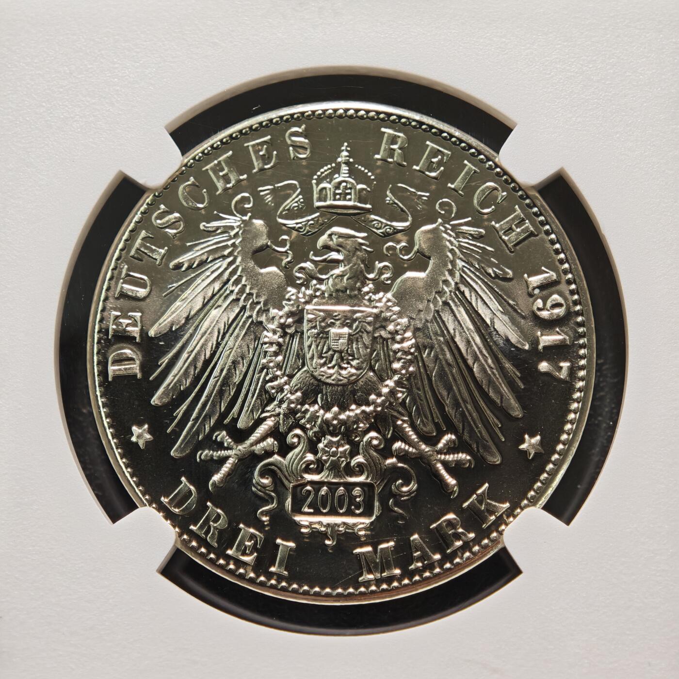 【德藏】世界币章拍卖第159期(元旦专场拍卖) 1917年 德国萨克森魏玛艾森纳赫邦马丁·路德宗教改革400周年3马克精制纪念银币 后铸 NGC PF69C 镜面十足