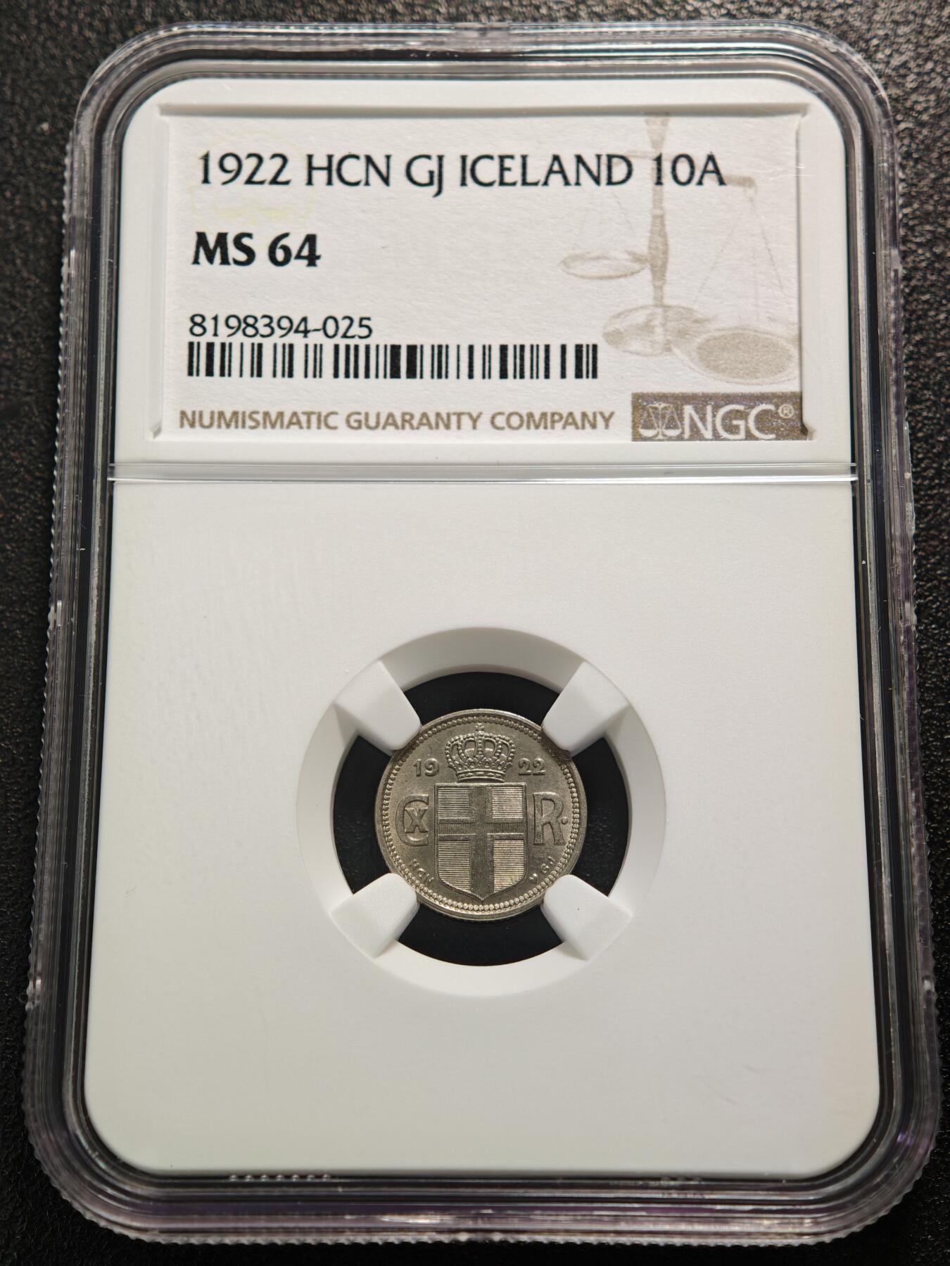 【德藏】世界币章拍卖第159期(元旦专场拍卖) 1922年 冰岛10奥拉镍币 NGC MS64 品相极佳