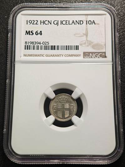 【德藏】世界币章拍卖第159期(元旦专场拍卖) - 1922年 冰岛10奥拉镍币 NGC MS64 品相极佳
