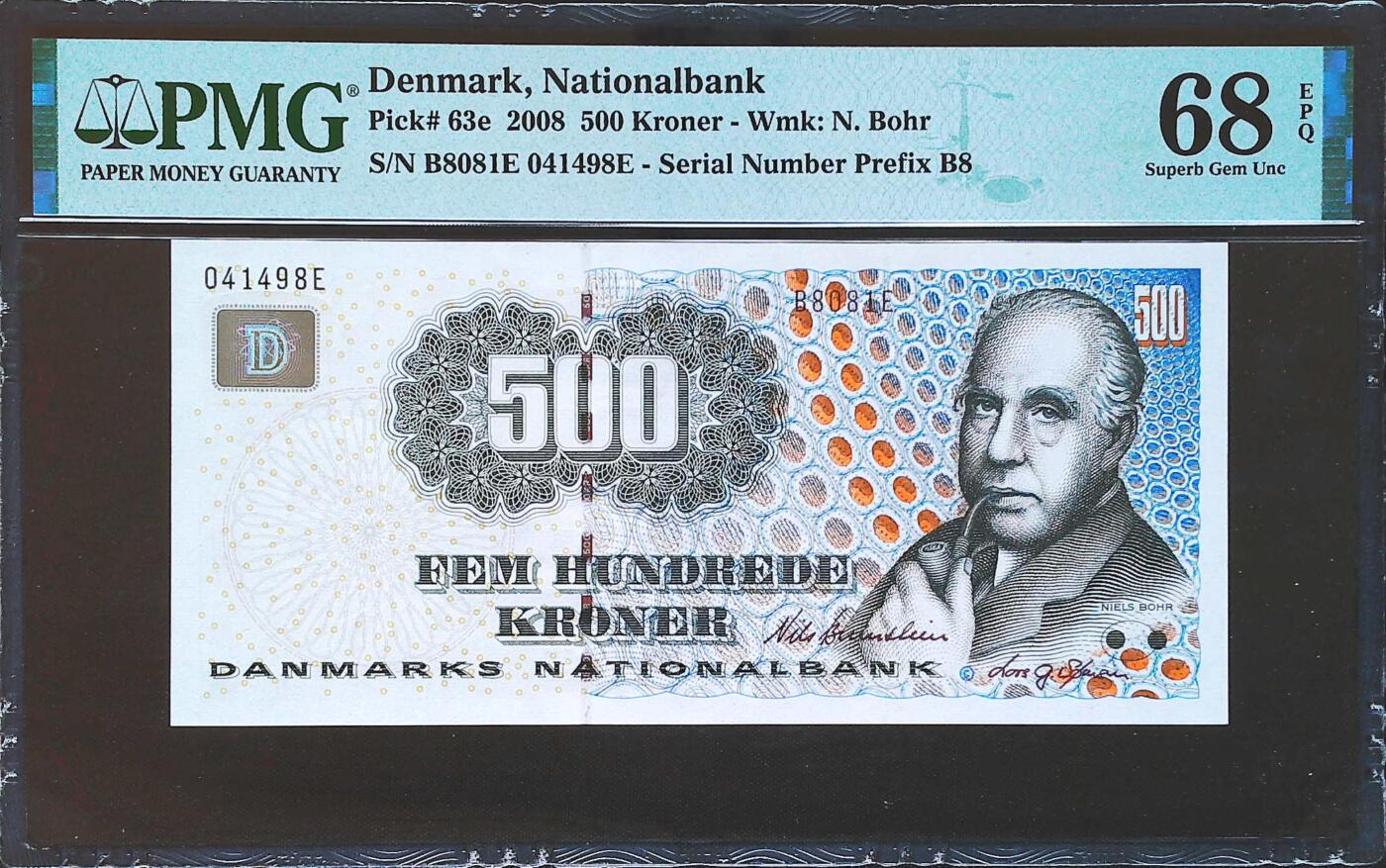 世界靓号纸钞第七十九期 2008年丹麦500克朗 倒二版 浮雕版 PMG68 超高分 