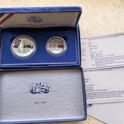 道一币馆币章第一百六十场 - 原盒证 美国1986年自由女神像落成200周年精制纪念套币两枚 1元银币+50分镍币