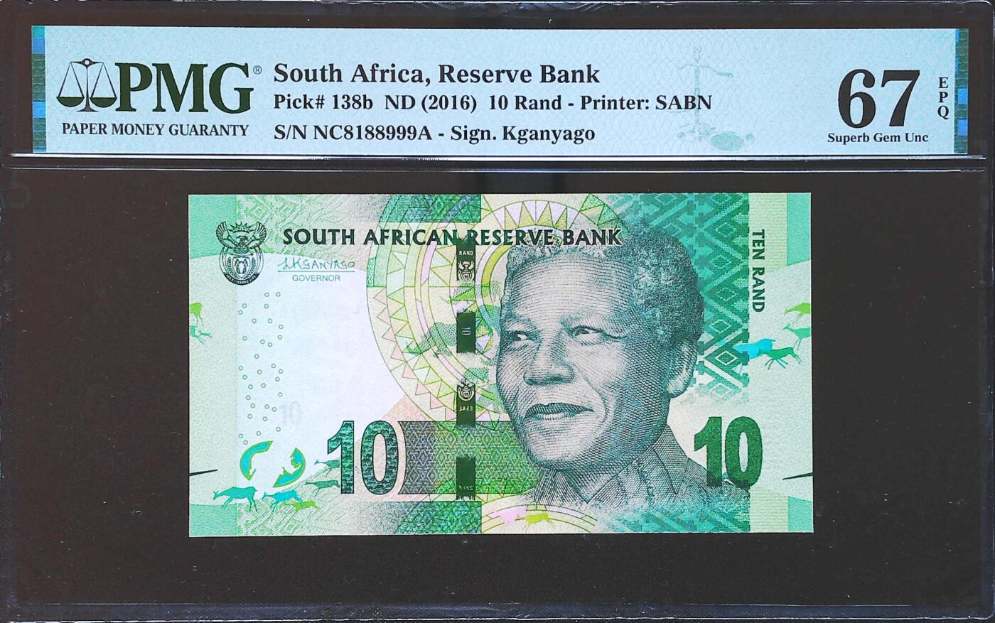 世界靓号纸钞第七十九期 2016年南非10兰特 倒置号 豹子号999 PMG67 高分
