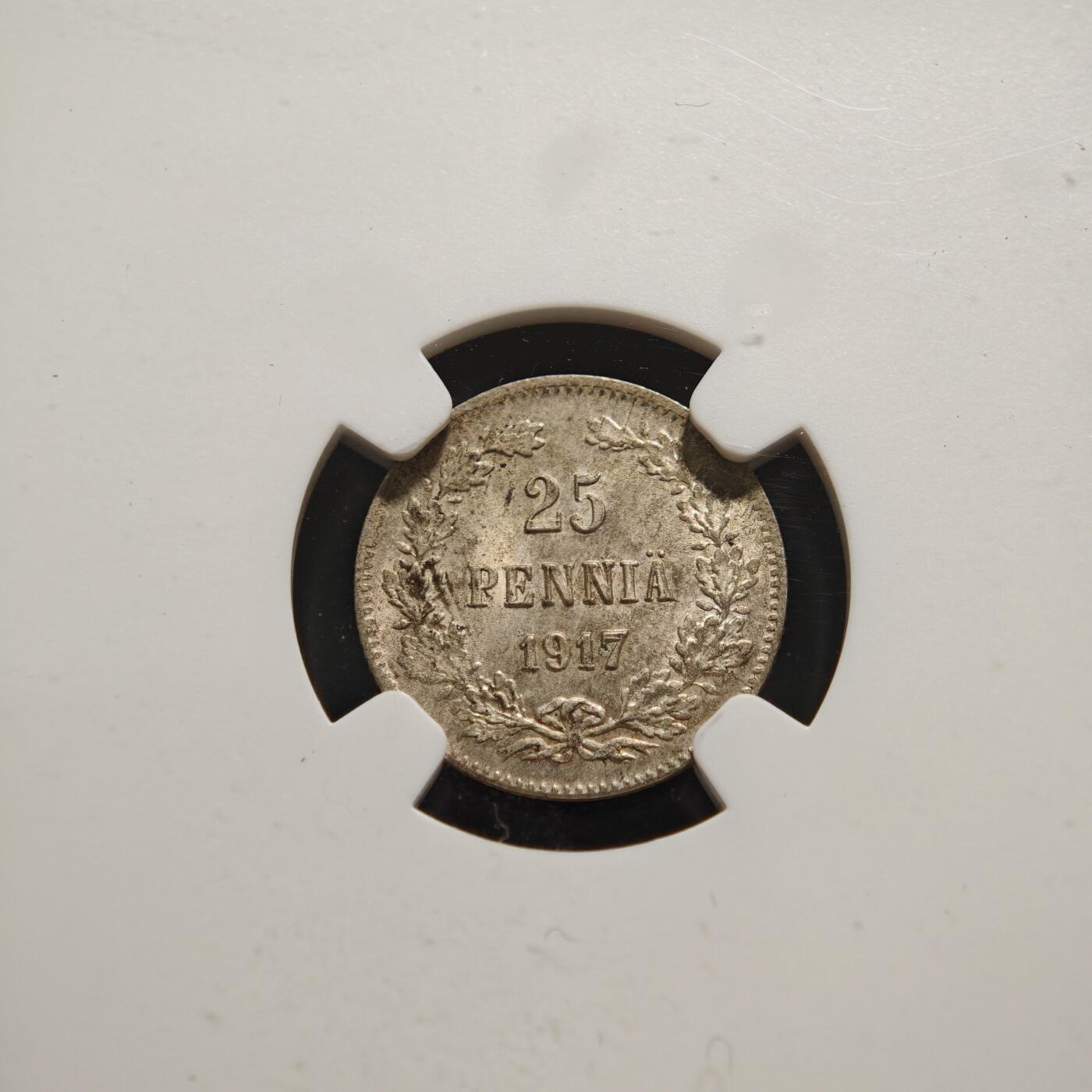 【德藏】世界币章拍卖第159期(元旦专场拍卖) 1917年 俄属芬兰大公国25芬尼银币 NGC MS65 原味淡黄油包浆