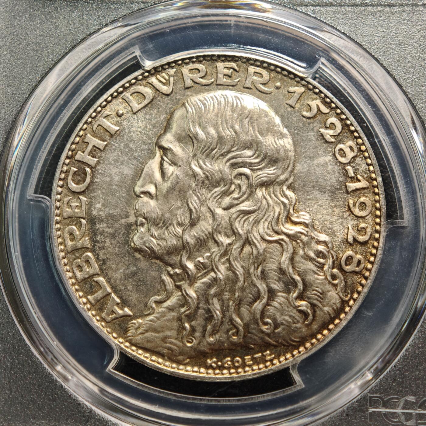 【德藏】世界币章拍卖第159期(元旦专场拍卖) 1928年 德国艺术大师丢勒天使纪念银章 名家卡尔歌茨作品 PCGS SP65 淡黄油包浆 经典品种