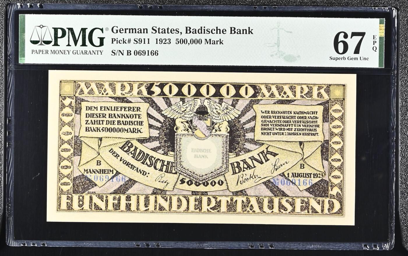 🐍甜小邱世界纸币收藏🐍第138期精品场💐 冠军分！无347倒置号 PMG67 巴登地区银行 500000马克 1923 “雄鹰一样的男人”