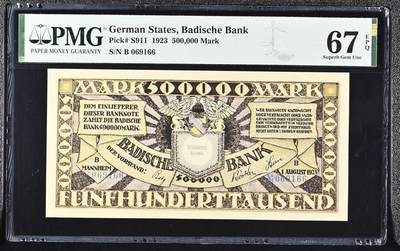🐍甜小邱世界纸币收藏🐍第138期精品场💐 - 冠军分！无347倒置号 PMG67 巴登地区银行 500000马克 1923 “雄鹰一样的男人”