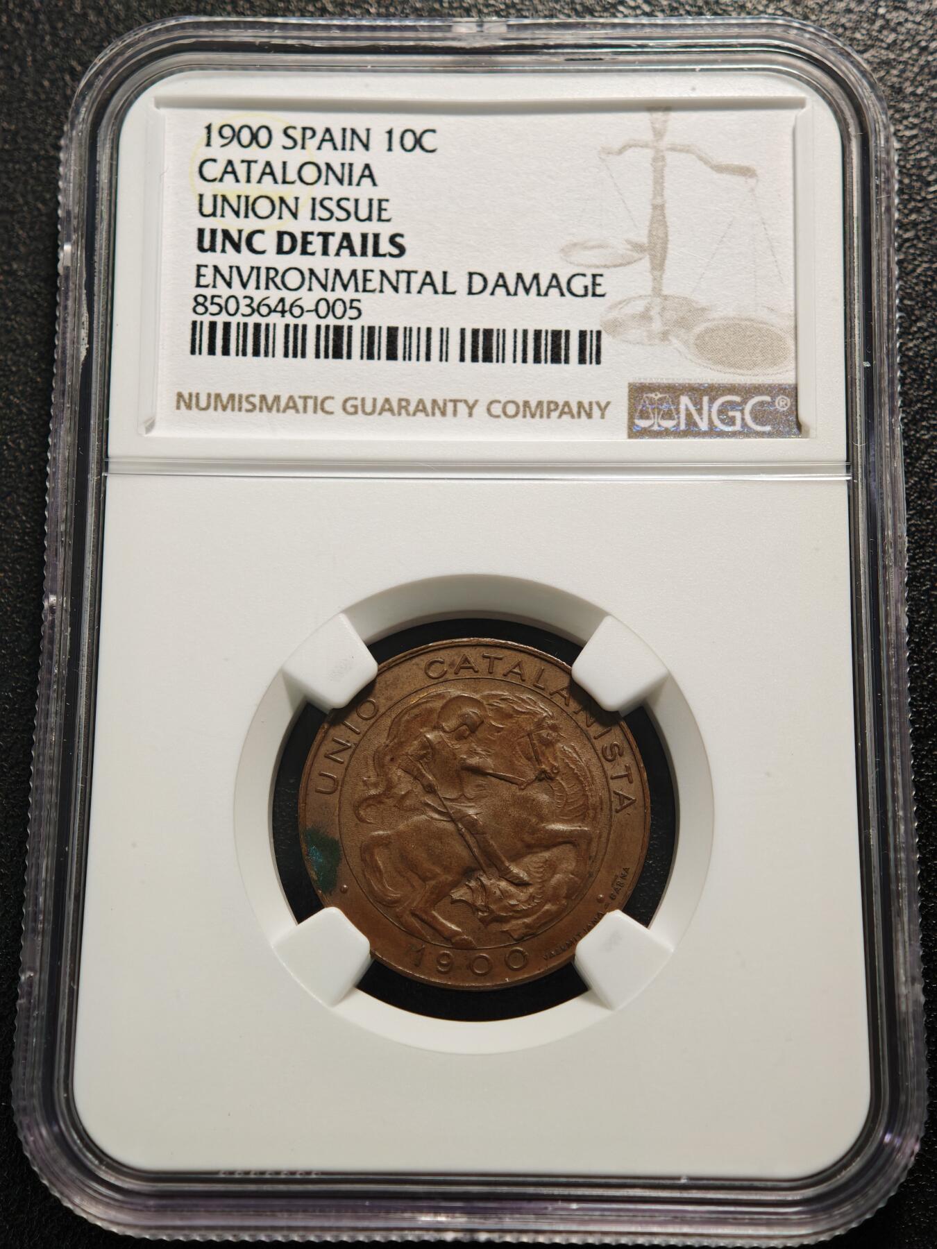 【德藏】世界币章拍卖第159期(元旦专场拍卖) 1900年 西班牙加泰罗尼亚联盟铜质纪念代币 NGC UNC 品相不错 加泰罗尼亚联盟，该组织成立于1891年，是加泰罗尼亚地区兼具文化与政治属性的民族主义团体，旨在捍卫加泰罗尼亚的民事法律与文化自治权