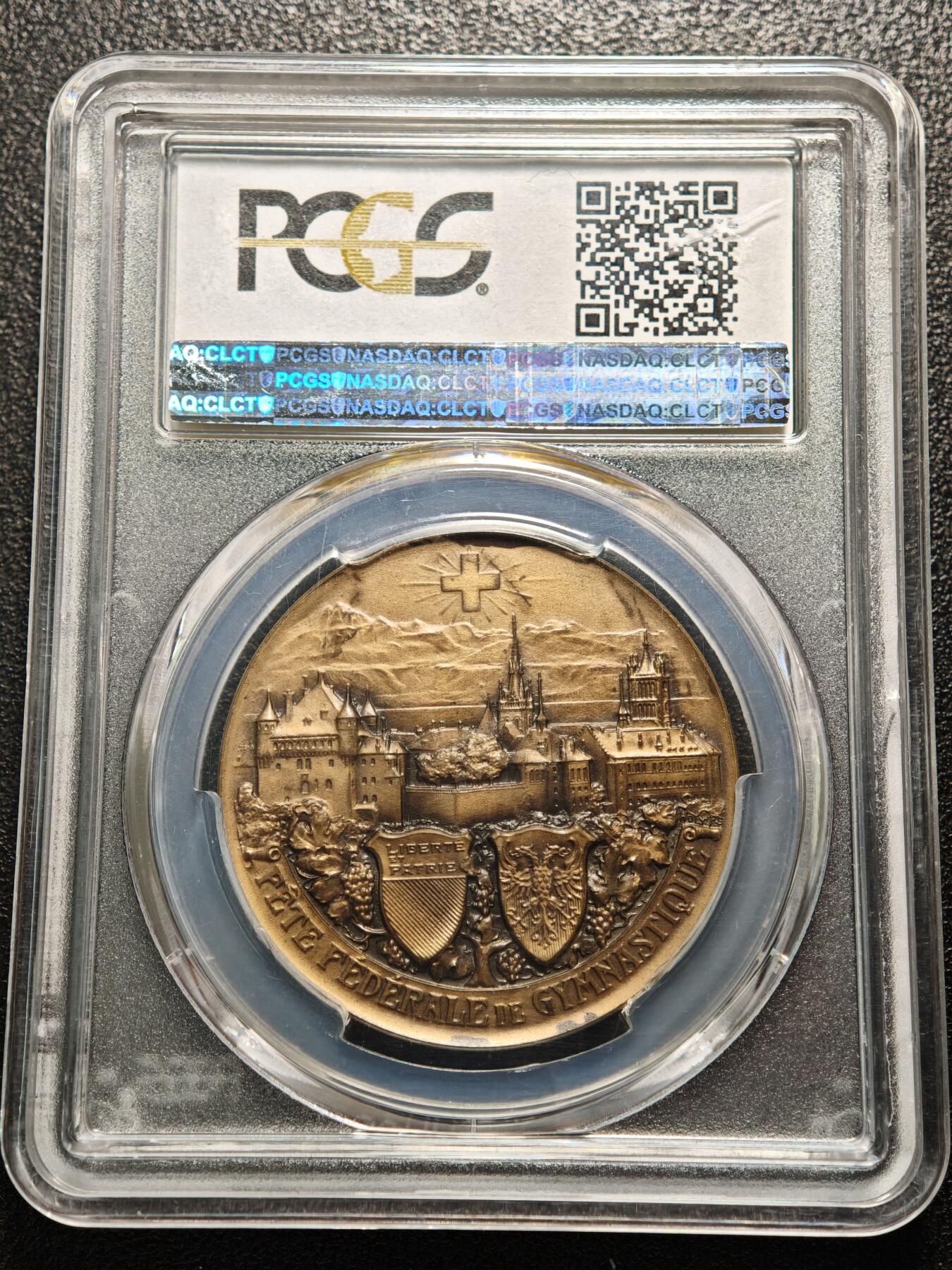 【德藏】世界币章拍卖第159期(元旦专场拍卖) 1909年 瑞士洛桑体操奖章城市景观纪念铜章 PCGS MS65 细节丰富 包浆温润