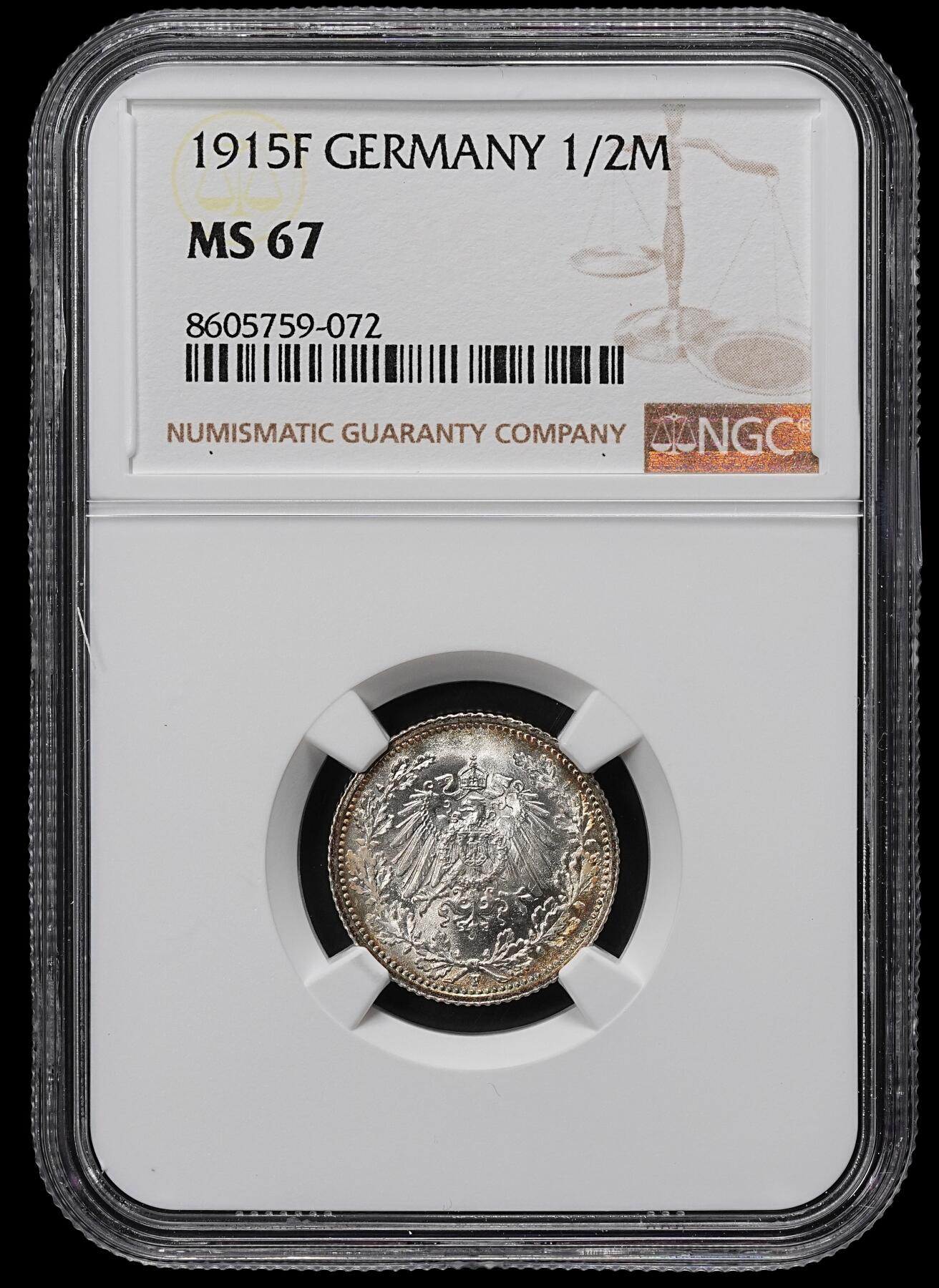 修遠堂世界钱币第九十九期 NGC MS67 1915年德国1/2马克银币 F厂铭
