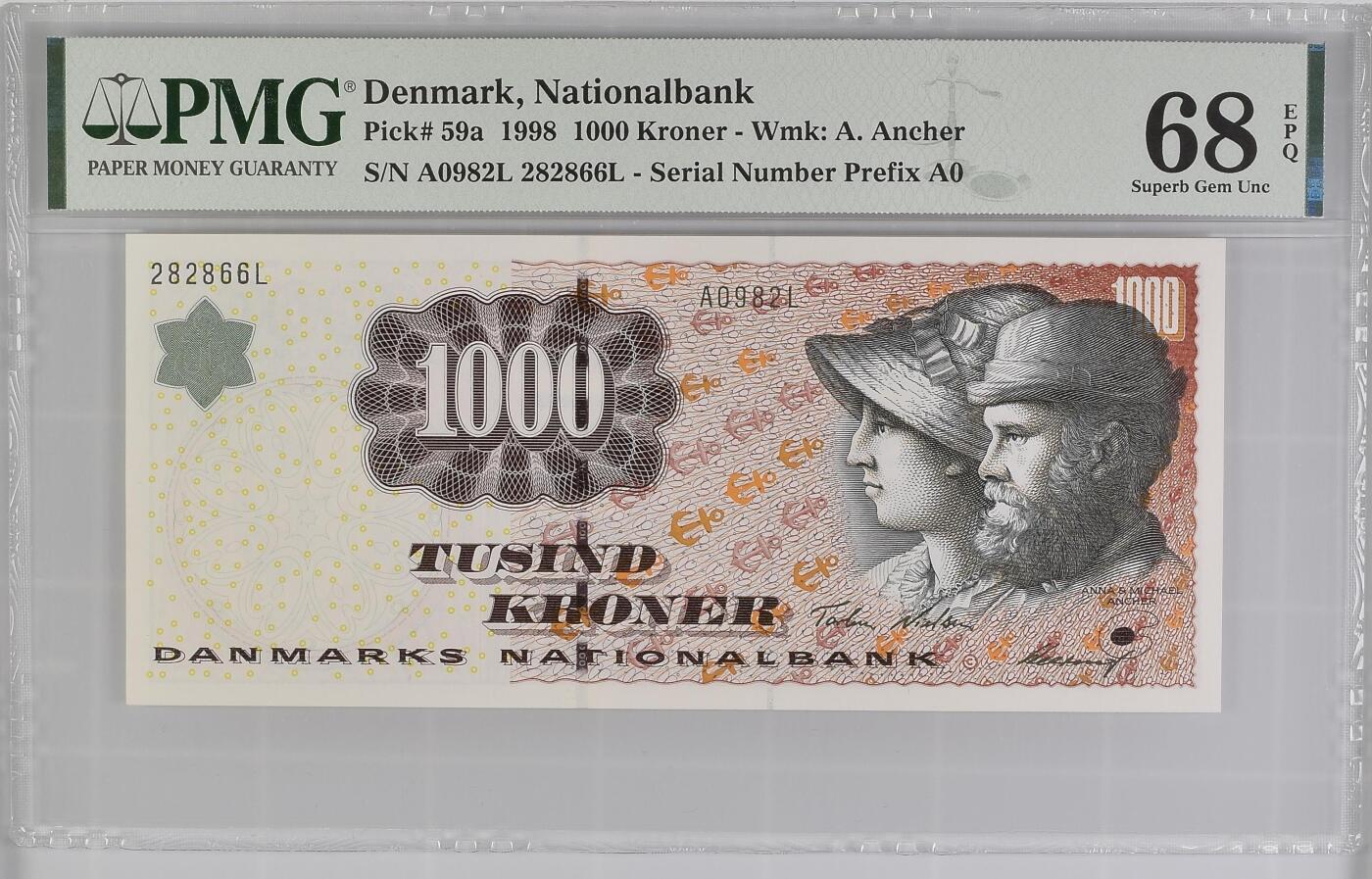🐍甜小邱世界纸币收藏🐍第138期精品场💐 冠军分！无347尾66 a版 PMG68 丹麦 1000克朗 石雕版 1998 最高值
