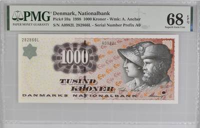 🐍甜小邱世界纸币收藏🐍第138期精品场💐 - 【冠军分！】无347尾66 a版 PMG68 丹麦 1000克朗 石雕版 1998 最高值