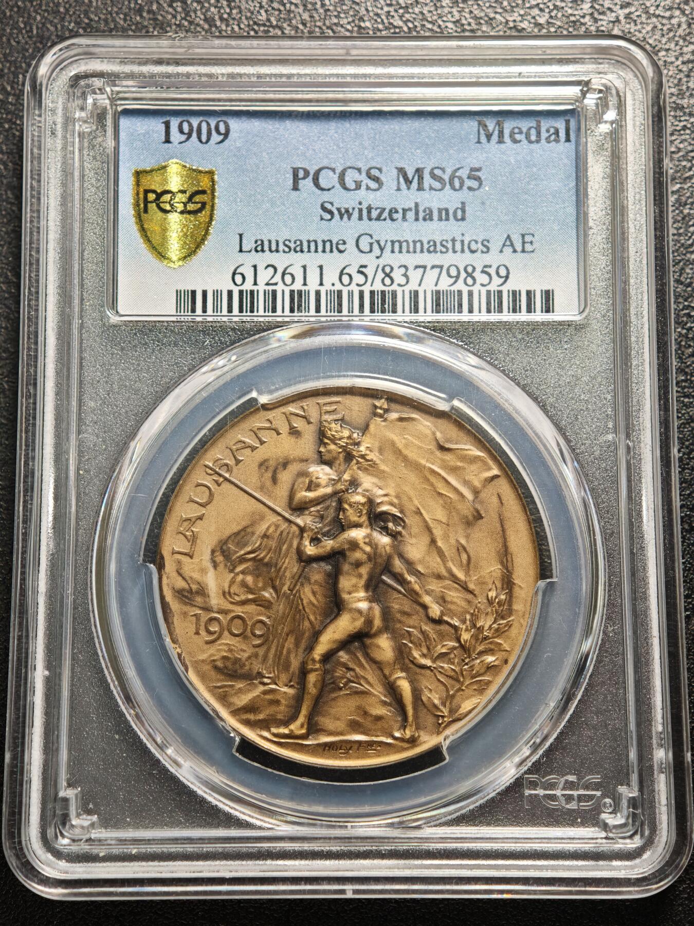 【德藏】世界币章拍卖第159期(元旦专场拍卖) 1909年 瑞士洛桑体操奖章城市景观纪念铜章 PCGS MS65 细节丰富 包浆温润