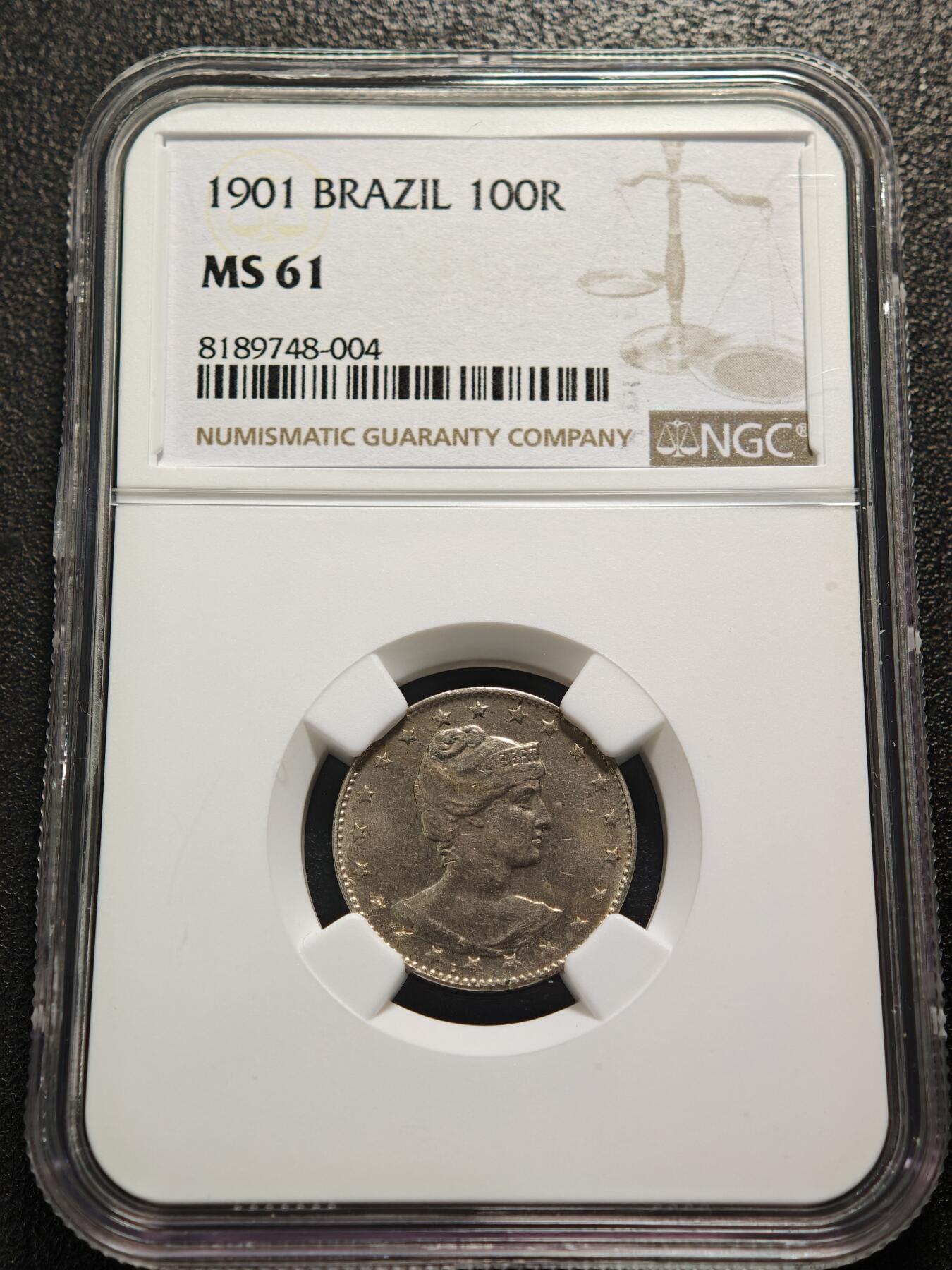 【德藏】世界币章拍卖第159期(元旦专场拍卖) 1901年 巴西100瑞斯镍币 NGC MS61 状态极佳